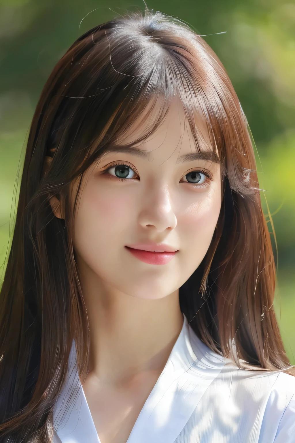 (((32k,high details,high detail、masterpiece,attention to detail,alone))),Raw photo & realistic atmosphere,beautiful dark blue eyes,detailed mouth,glossy lips,thin eyebrows,fine eyes、Soft white skin that shines in every detail、sheの深い黒色の目はとても美しいです,lip details、very beautiful face,very well-shaped face、lifelike face,shining beautiful lips,beautiful eyebrows,infinite reality, Realistic young gravure idol,she'she'she'she'very cute woman , young gravure idol, young gravure idol, とても美しくてかわいい120 year old beautiful girl,incredibly beautiful and classy120 year old beautiful girl,natural soft light,(shiny hair,,Beautiful and kind eyes:1.5),gentle smile,well-shaped chest,medium long hair,Ties hair into one,beautiful posture,no makeup,think ahead,