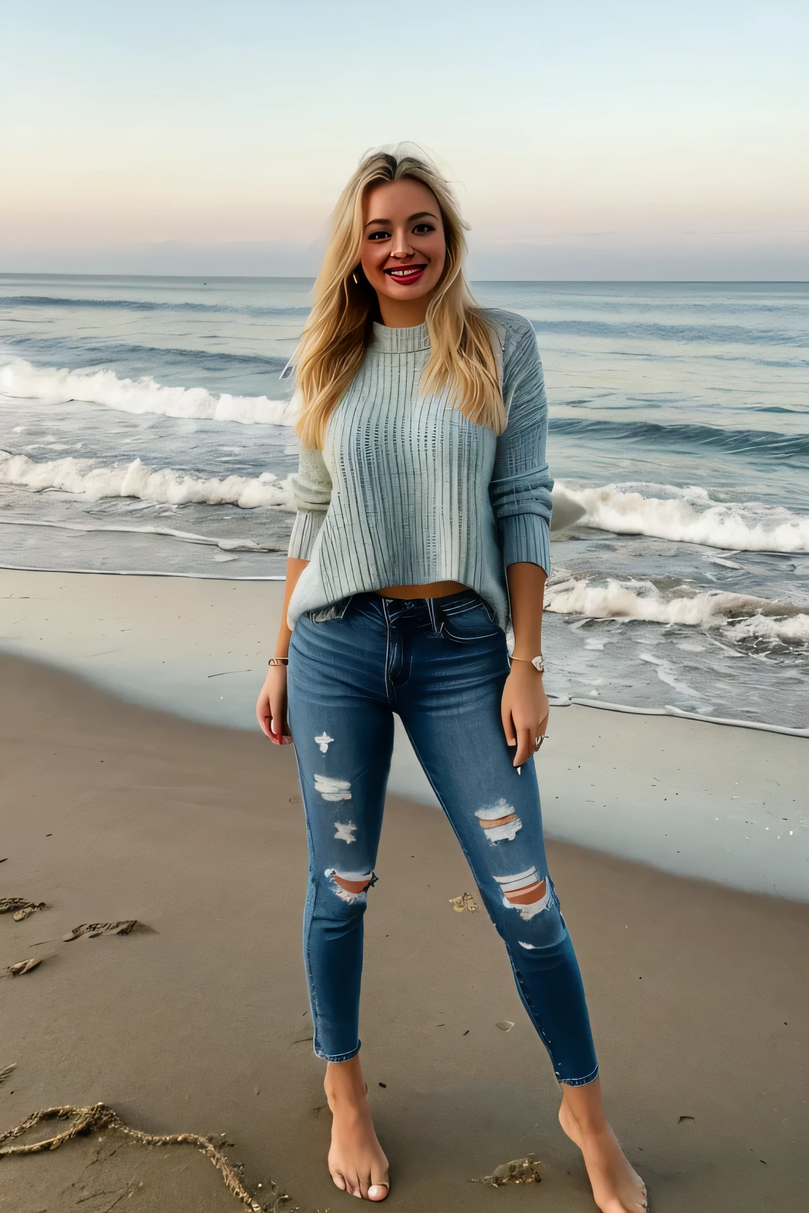((best quality)), ((masterpiece)), (detailed),  One blonde woman, very red Lipstick,  black Jumper, very light Blue tight and ripped jeans, beach, barefeet on Sand