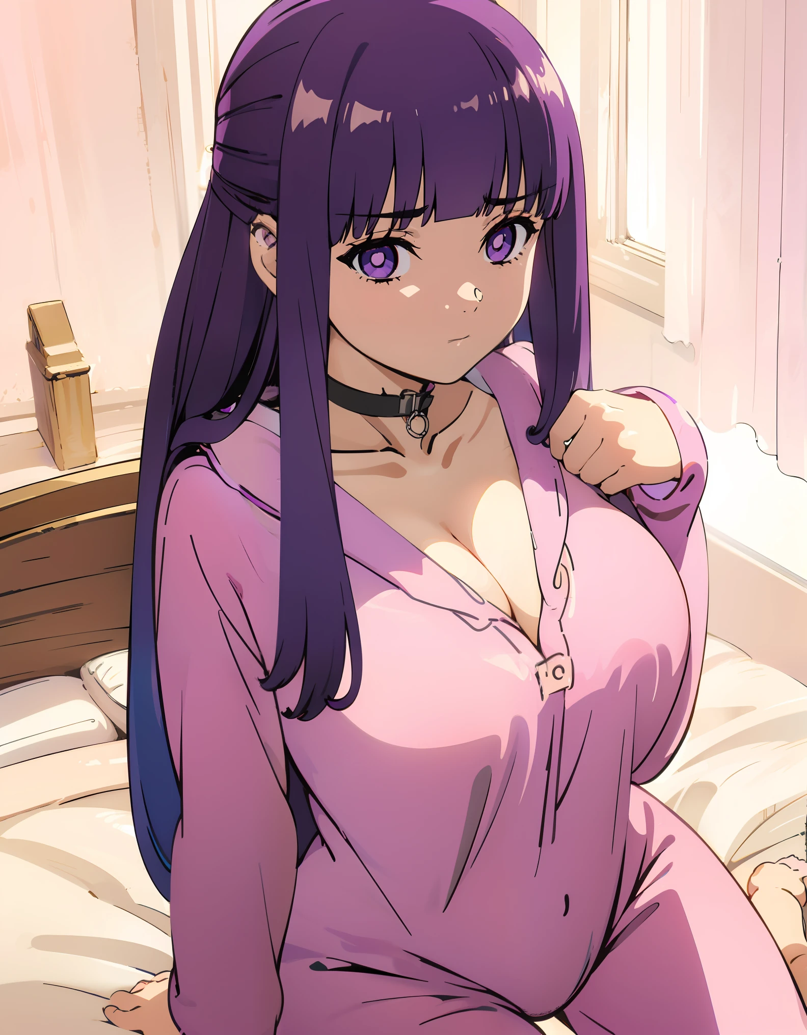 (Best Quality, Masterpiece),sexy, erotic, 1girl, 18 years old, Contempt, pride, long purple hair, ((purple eyes)), looking at viewer, bed, bedroom, looking at viewer, warm light, angry, ((bludhing)), ((pink onesie)), (sitting), cleavage, big breasts, ((close up)), from above, (thick thigs), ((choker))
