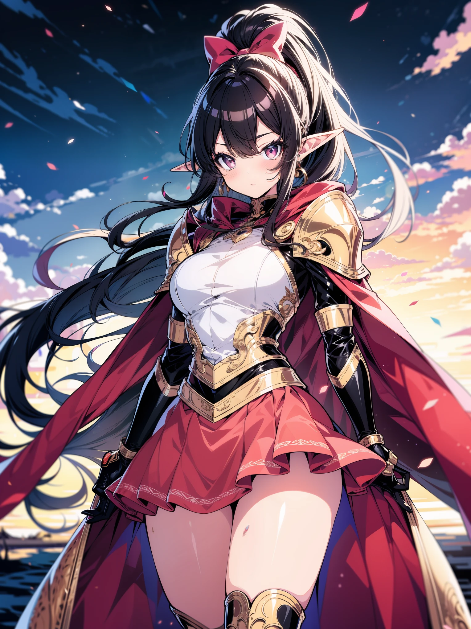 (masterpiece), (cowboy shot), (best quality, ultra-high resolution, depth of field:1.2), (perfect anatomy), Fair skin, Elf girl, pink eyes, black hair in a hime hairstyle, ponytail, pink bow, gold earrings, armor, golden armor, (long skirt:1.2), frills, high thighs boots, cape, fantasy scenery