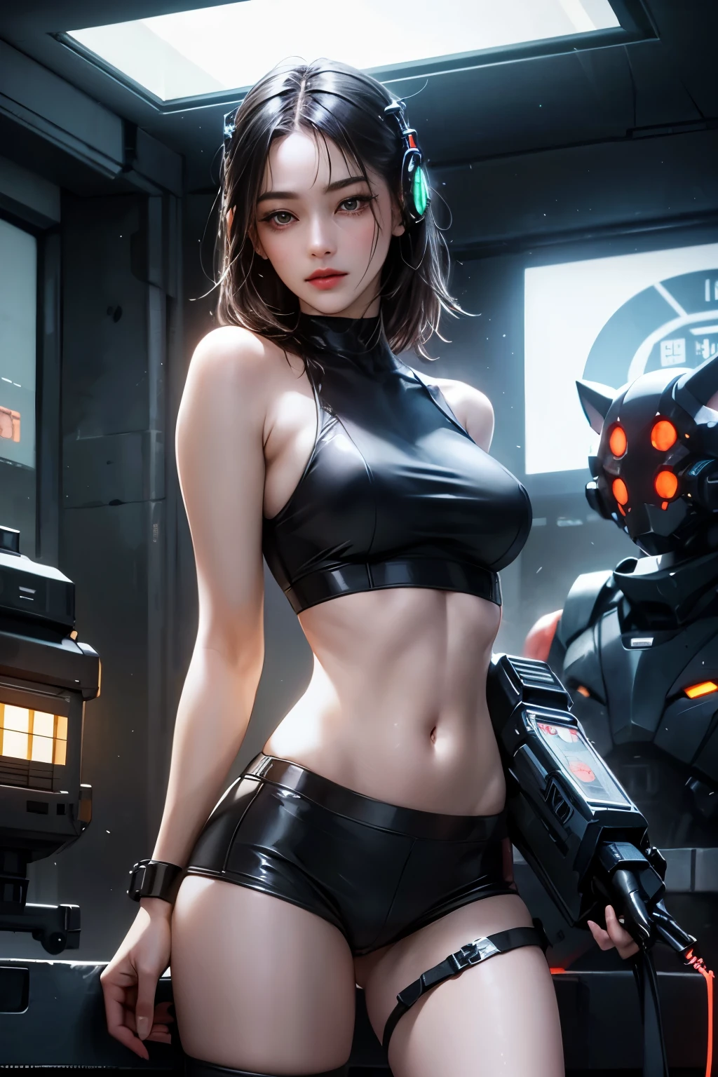 beautiful cyberpunk girl wearing a futuristic head mounted display,  (finely detailed skin), pale skin, (in a deep neckline highly detailed sexy futuristic cyberpunk black crop top and underpants made of circuit boards, cybernetics, japanese words with a flare effect, beautiful epic composition, futuristic, masterpiece, sensual, appealing, posing for a photo