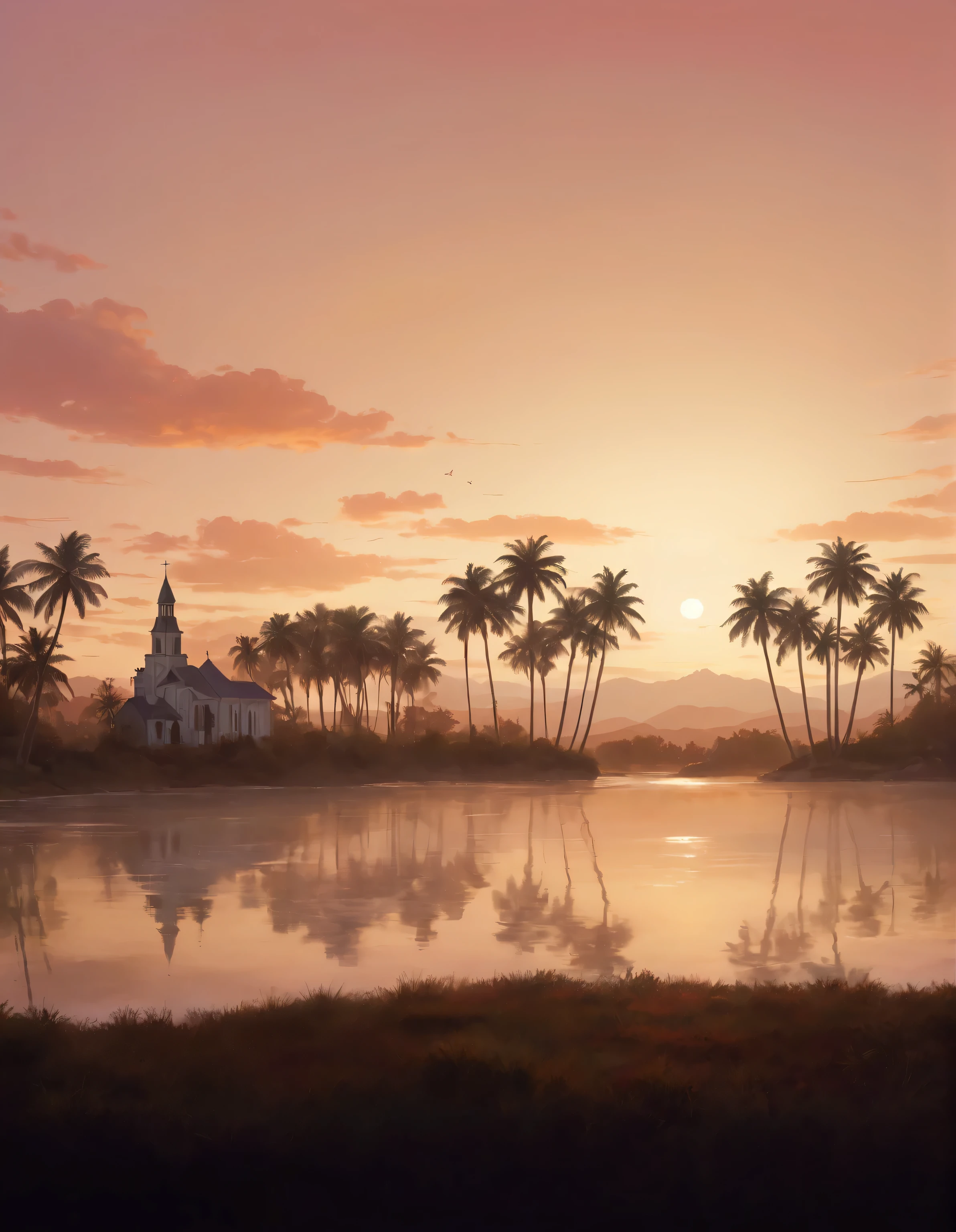 painting of a sunset scene with a church and palm trees, background artwork, illustration matte painting, temple background, sunset illustration, beautiful oil matte painting, church background, inspired by Henri Biva, warm beautiful scene, flat matte painting, rob rey, high quality matte painting, amazing background, 4 k hd wallpaper illustration, inspired by Frederic Edwin Church, church background!