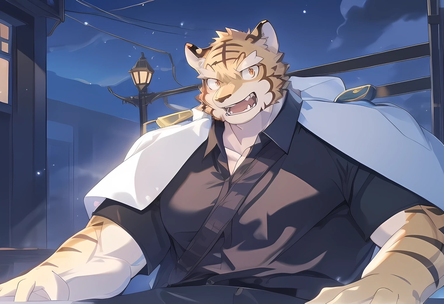 masterpiece，night，Anthropomorphic tiger，（（（white hair））），male，26 years old，thick eyebrows，Light-colored fur，Strong body，Large pecs，（（（nude，black jack shirt，black coat，Black sports cap））），full-body shot，on city streets，Katana in hand，dark night，Light，sweating，（（（white hair））），Shy，情绪happy，looking towards the viewer，blush，happy，golden pupils，big eyes，Strong，Lying on the bed 在街道，full body image，The sky is clouded over，cloudy day，green plants，street lamp，high-rise，car，（（（background：bustling street 1.5））），（（（Detailed character description））），