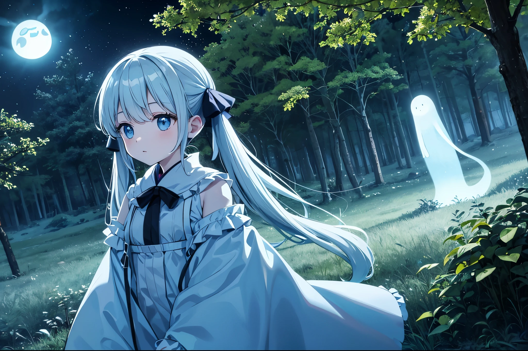 In the forest at night with ghosts Many cute yellow ghosts are flying in the moonlit night. pale light light blue long hair Beautiful girl with twin tails Behind the girl is the same pale ghost. ghosts are floating