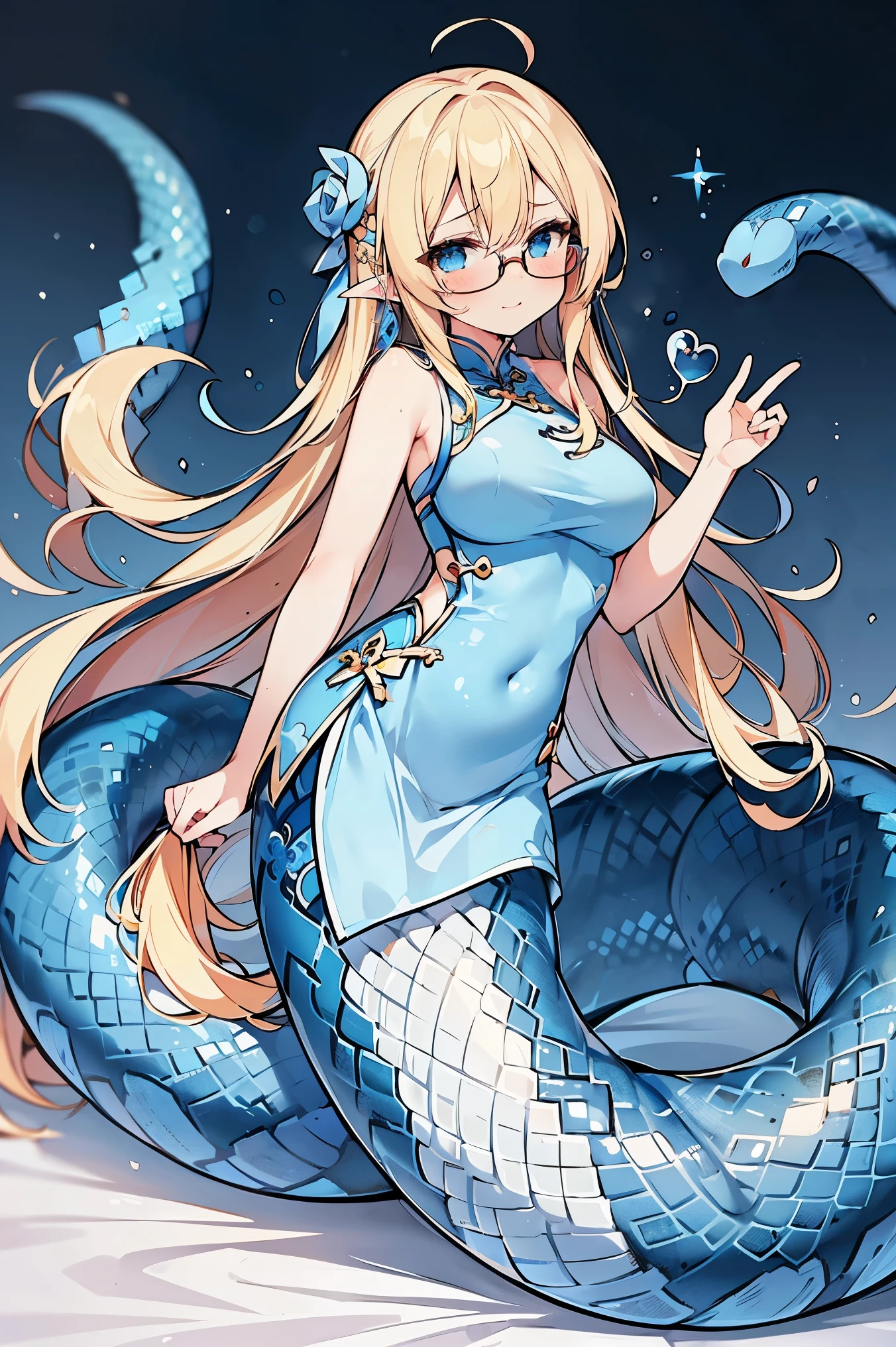 masterpiece, best quality,a girl,Lamia,blue snake tail,Long blonde hair,blue eyes,Glasses,Cheongsam suit,full-body shot,charming脸, Oval face(kawaii, charming,soft)