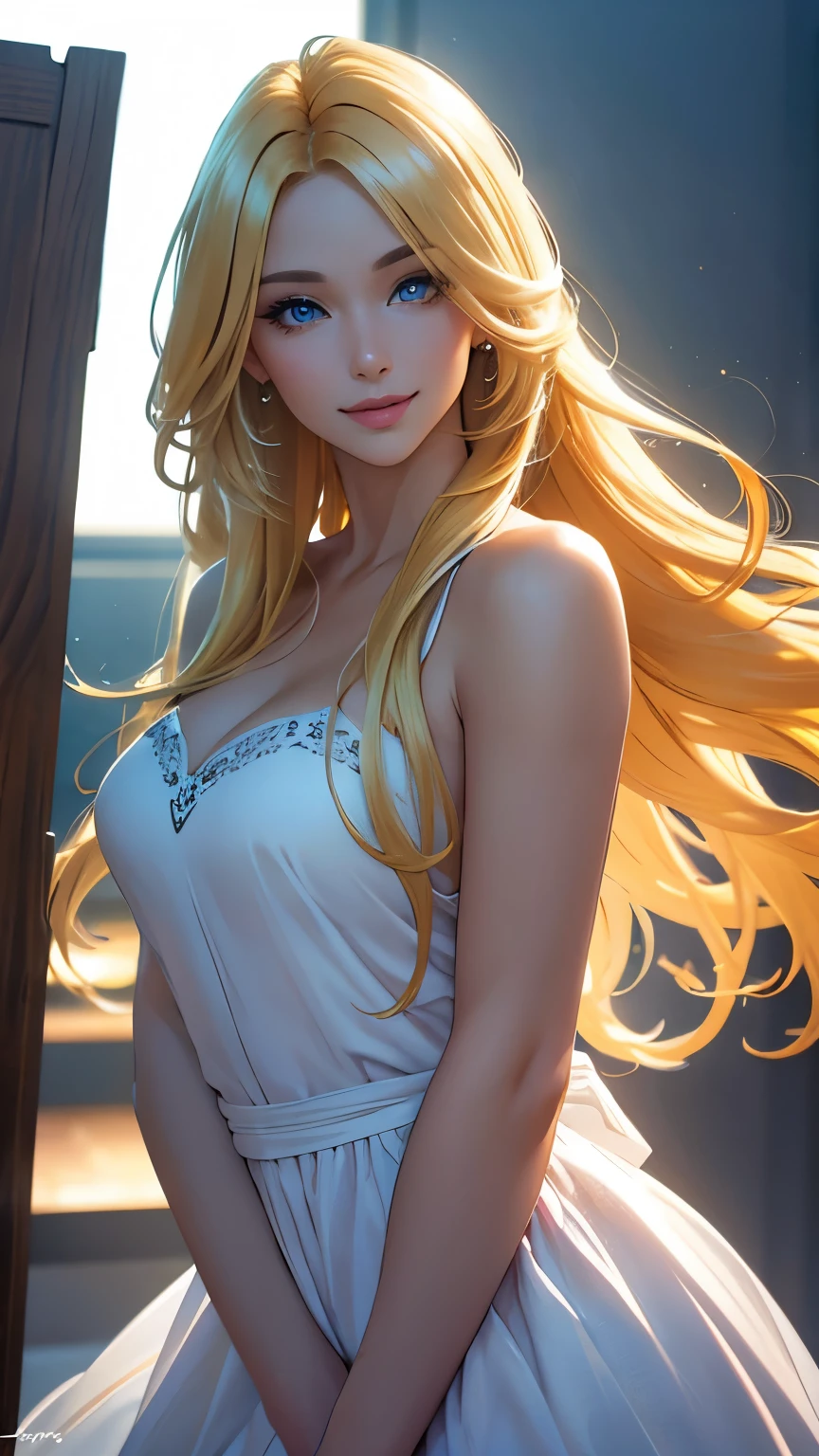 (best quality,ultra-detailed,photo-realistic:1.37),bright and vibrant colors,studio lighting,playful expression,stylish makeup,long blonde hair flowing in the wind,alluring eyes,glossy lips,sexy pose, Cotton Dress, smiling in a confident and seductive way,posing for a professional photoshoot,shallow depth of field,highlighting the main subject,soft natural lighting,creating a dreamy and magical atmosphere.