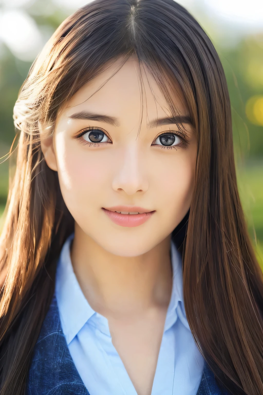 (((32k,high details,high detail、masterpiece,attention to detail,alone))),Raw photo & realistic atmosphere,beautiful dark blue eyes,detailed mouth,glossy lips,thin eyebrows,fine eyes、Soft white skin that shines in every detail、sheの深い黒色の目はとても美しいです,lip details、very beautiful face,very well-shaped face、lifelike face,shining beautiful lips,beautiful eyebrows,infinite reality, Realistic young gravure idol,she'she'she'she'she's a very cute woman , young gravure idol, young gravure idol, とても美しくてかわいい120 year old beautiful girl,incredibly beautiful and classy120 year old beautiful girl,natural soft light,(shiny hair,,Beautiful and kind eyes:1.5),gentle smile,well-shaped chest,medium long hair,tie hair,beautiful posture,no makeup,think ahead,