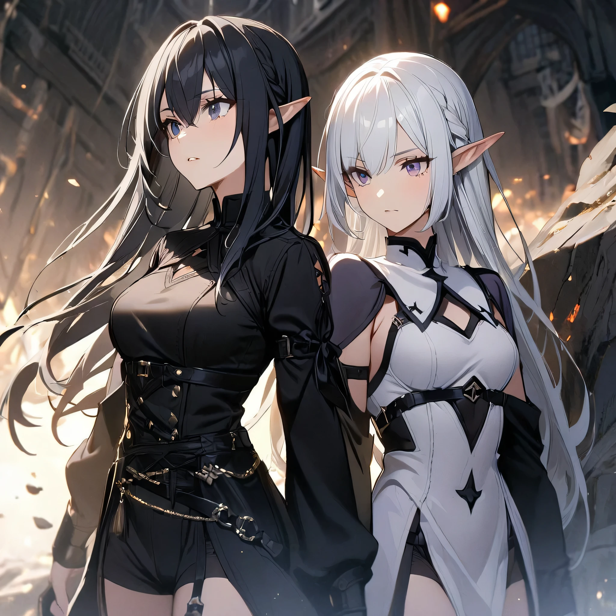 2 girls ,black clothes,White clothes, black hair, white hair, dark elf