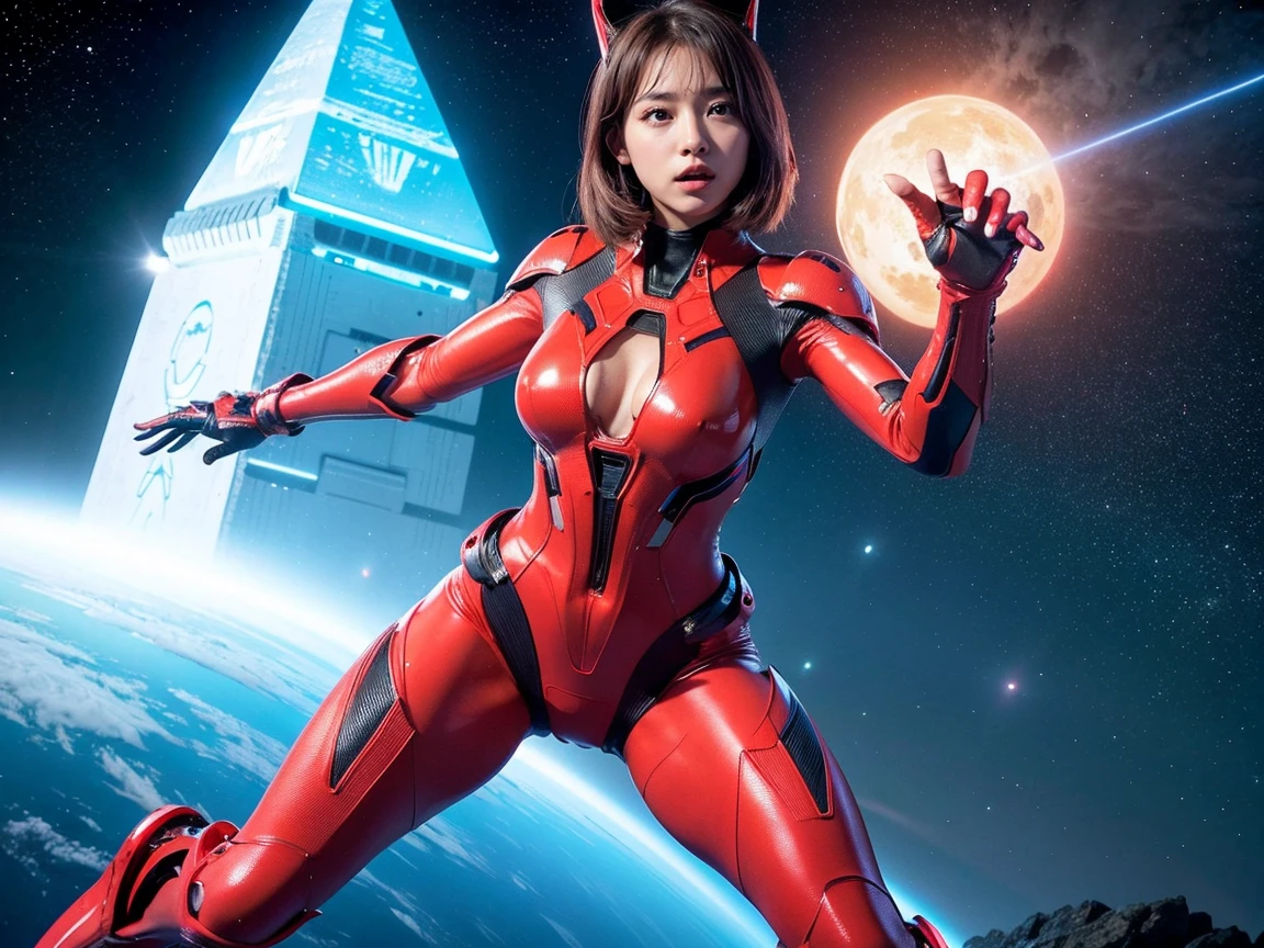 (RAW photo, highest quality), (realistic, Photoreal:1.3), 1 girl、realisticbody、strawberry battle suit costume、Pyramid-shaped UFO flying from space、Fight against reptilian aliens、avoid missiles、Boxing Jab