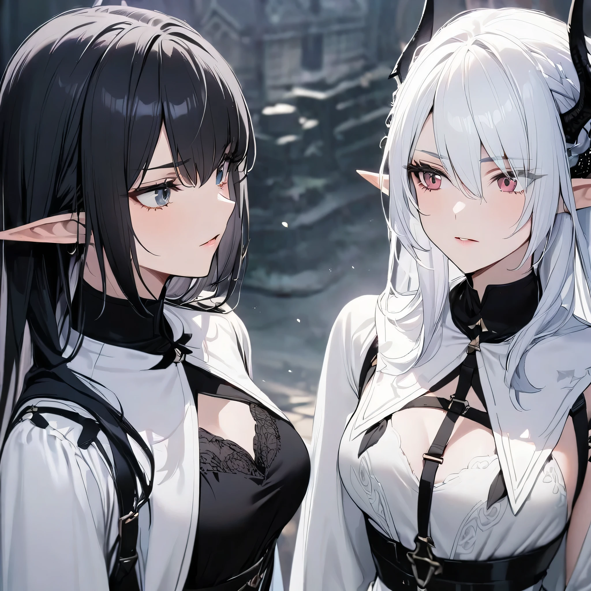 2 girls ,black clothes,White clothes, black hair, white hair, dark elf