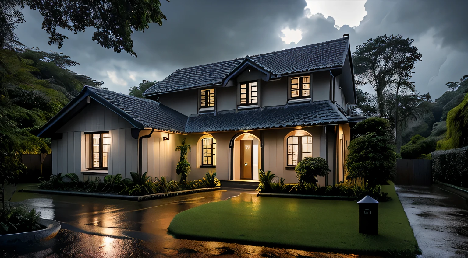 Maison en bois d&#39;Era,  maison luxuriante, jolie maison, Nuit, lumiEras allumées, Green rainforest of Costa Rica, Forte pluie tombant sur le toit, souligne le contraste entre l&#39;environnement naturel et l&#39;eau de pluie s&#39;coulant du toit, dark scene after rain, paysage humide, Nuages noirs, photographie naturelle, Portrait avec objectif macro (Nikon AF-S VR Mini Nikkor 105 mm f../ 2.8G SI) Lorsque l&#39;ouverture est f/5.6