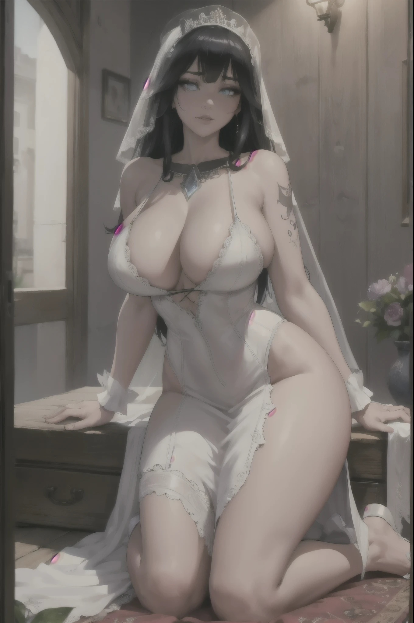 nighttime,full body,(((Wearing White wedding dress ))), Jewelry ,Elegant sitting posture,Masterpiece,best quality,official art,extremely detailed, 3D, Cinema 4D,8k, ( ##tattoo ##,tattoo, ~+ tattoo),(Perfect female curves, huge stacked breast),(A seductive gaze), Facing the camera, Pink lips,Delicate fingers and hands,magic hour, Rembrandt lighting, front lighting and fill lighting, hard shadow,
