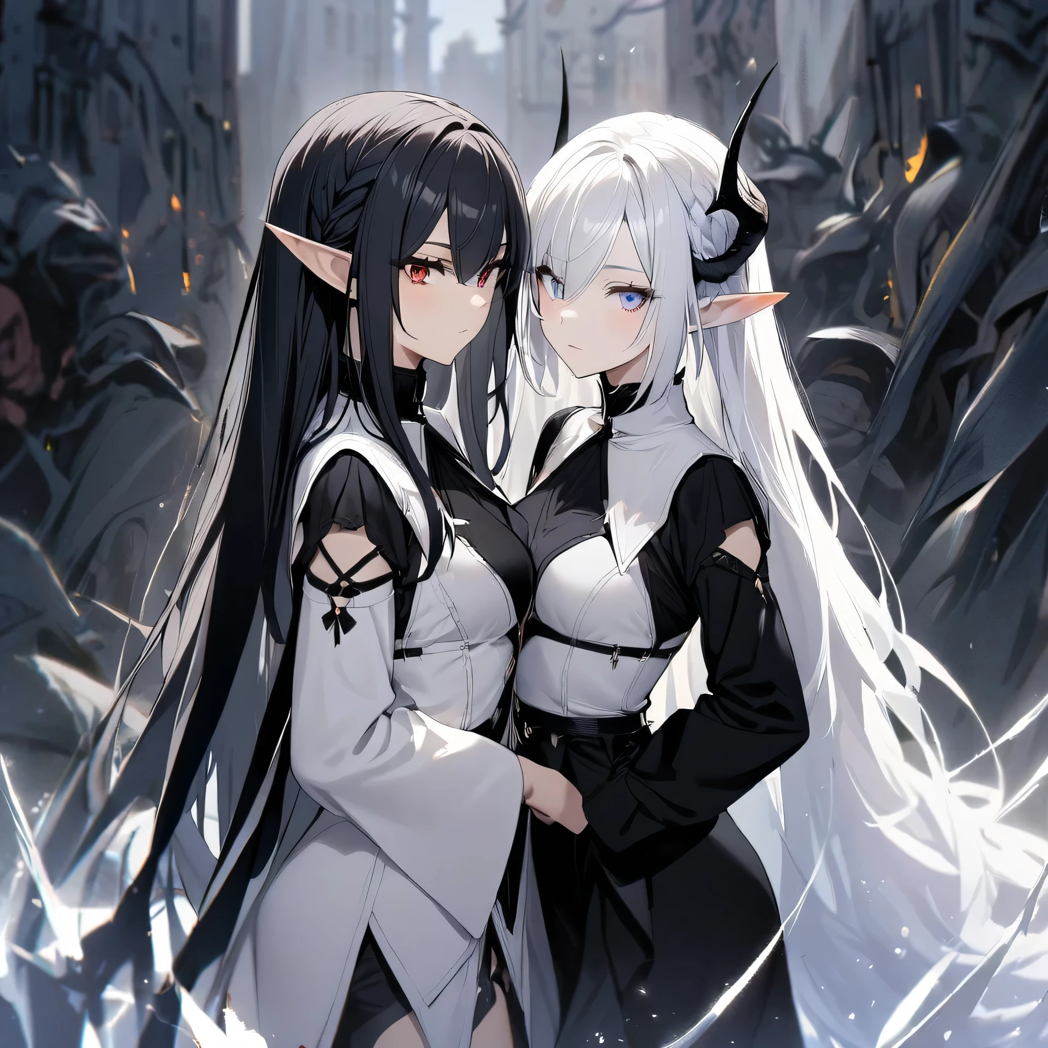 2 girls ,black clothes,White clothes, black hair, white hair, dark elf