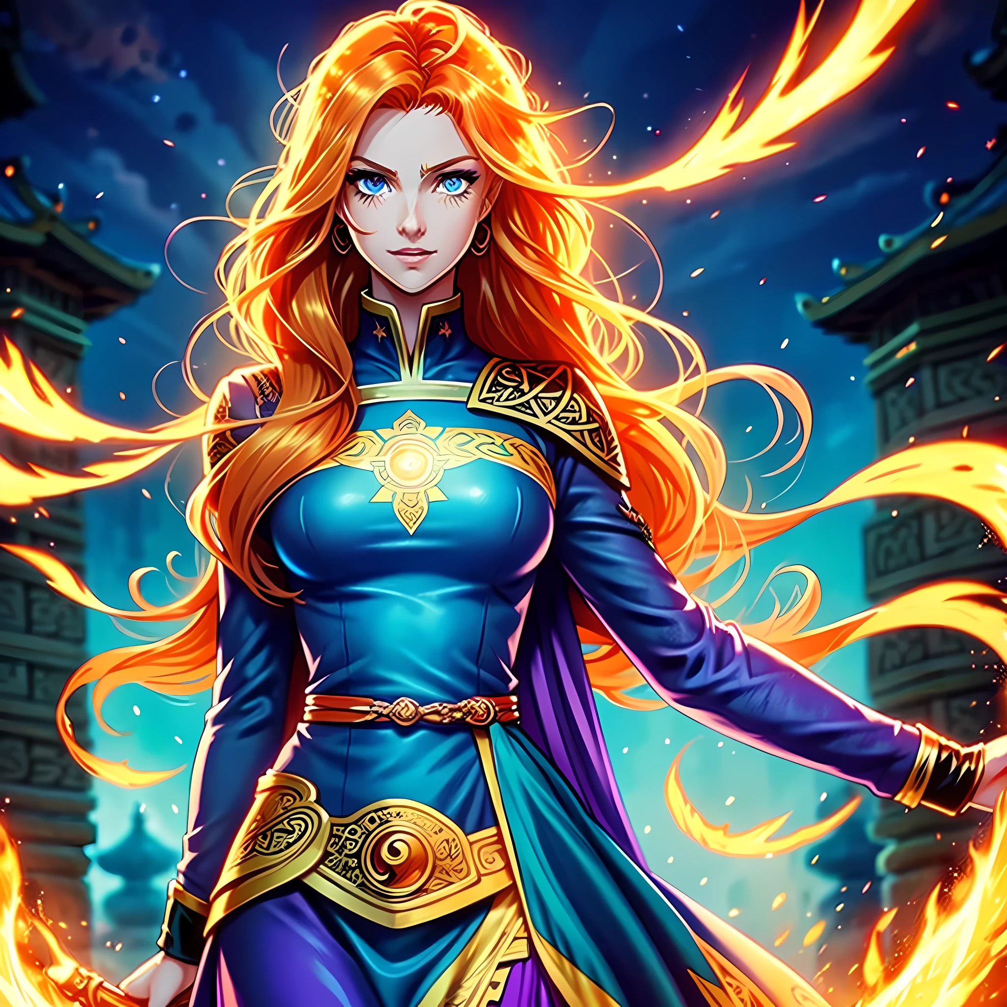anime style art, comic book style art, beautiful healthy Celtic young woman, tall, bright orange hair, flaming orange hair, long wavy orange hair, bright blue eyes, fair skin, wearing a red warrior dress with ornate gold and purple designs, modest clothing, standing inside a temple made of purple stones, holding a long orange sword, fiery background, flames, dramatic composition, high quality digital art