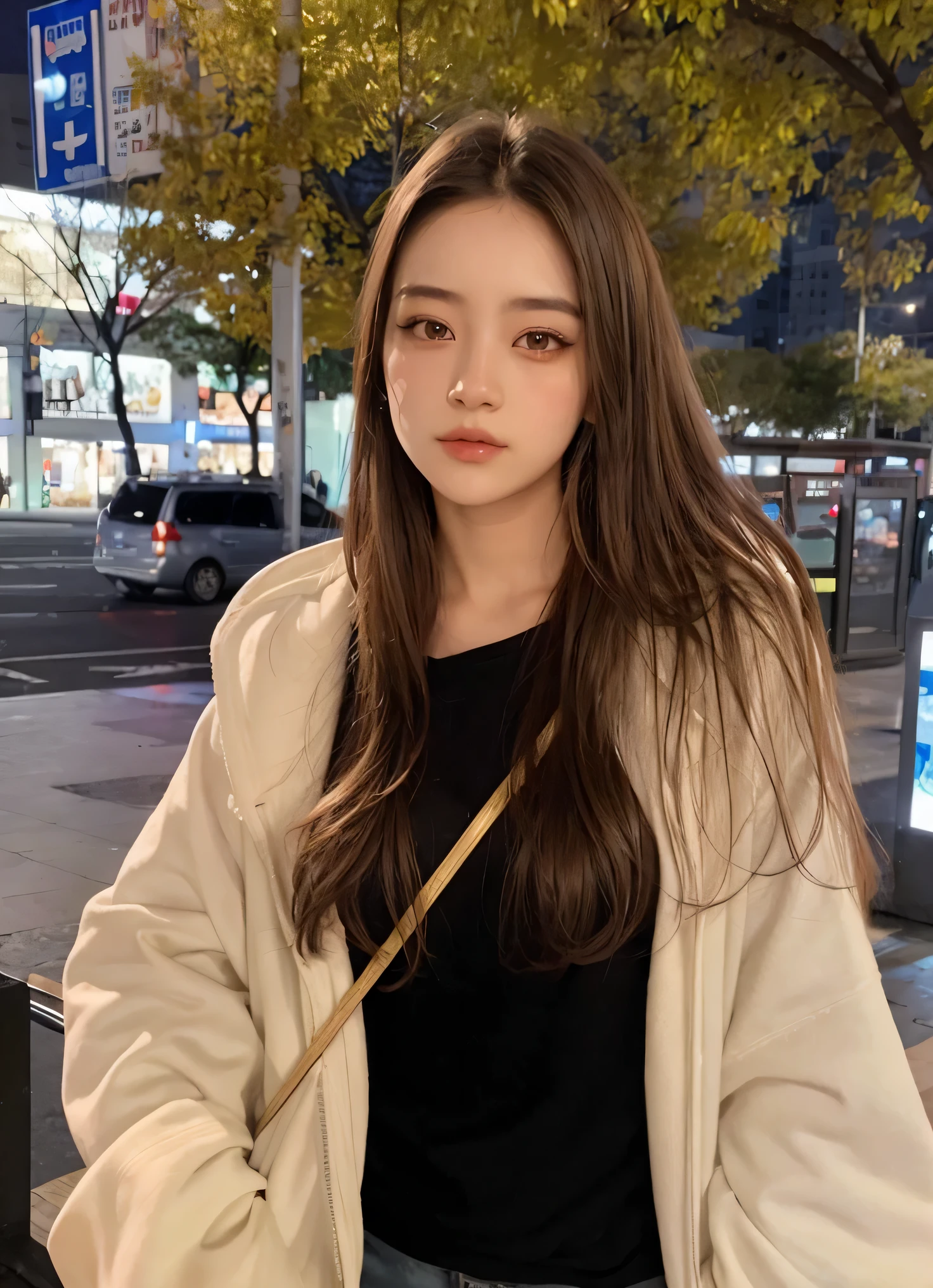 mujer arafed parada en una acera en una ciudad por la noche, dilraba dilmurat, 19 year old girl, muchacha coreana, con cabello largo, Ilya Kuvshinov con cabello largo, 18 years, hermosa mujer surcoreana, Jaeyeon Nam, 21 years, Xision Wu, 16 years old