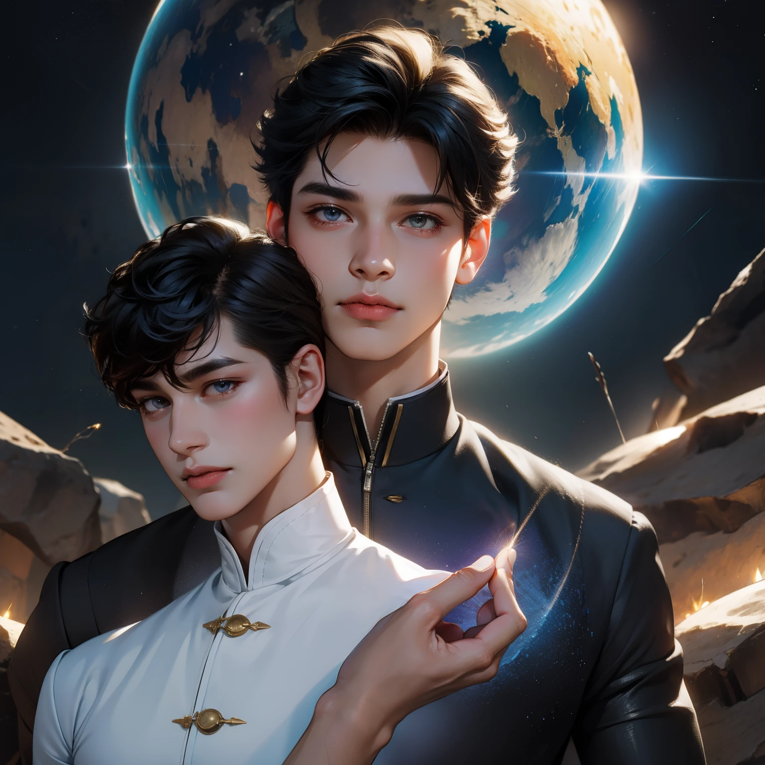 (in 8K、top quality、masterpiece:1.2)、1 boy、short hair, meteorite trail in the sky、sparkling ball lightning flies through the air in his hand .Beautiful face , detailed face , beautiful hands , short tousled hairstyle . in the sky there is a huge Saturn and sparkling stars, fantastic surrealism !