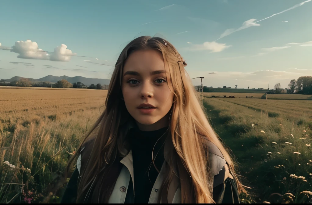 блондинка с длинными волосами в field against the sky, beautiful blonde, long blond hair and big eyes, field against the sky, Broad smile, open mouth