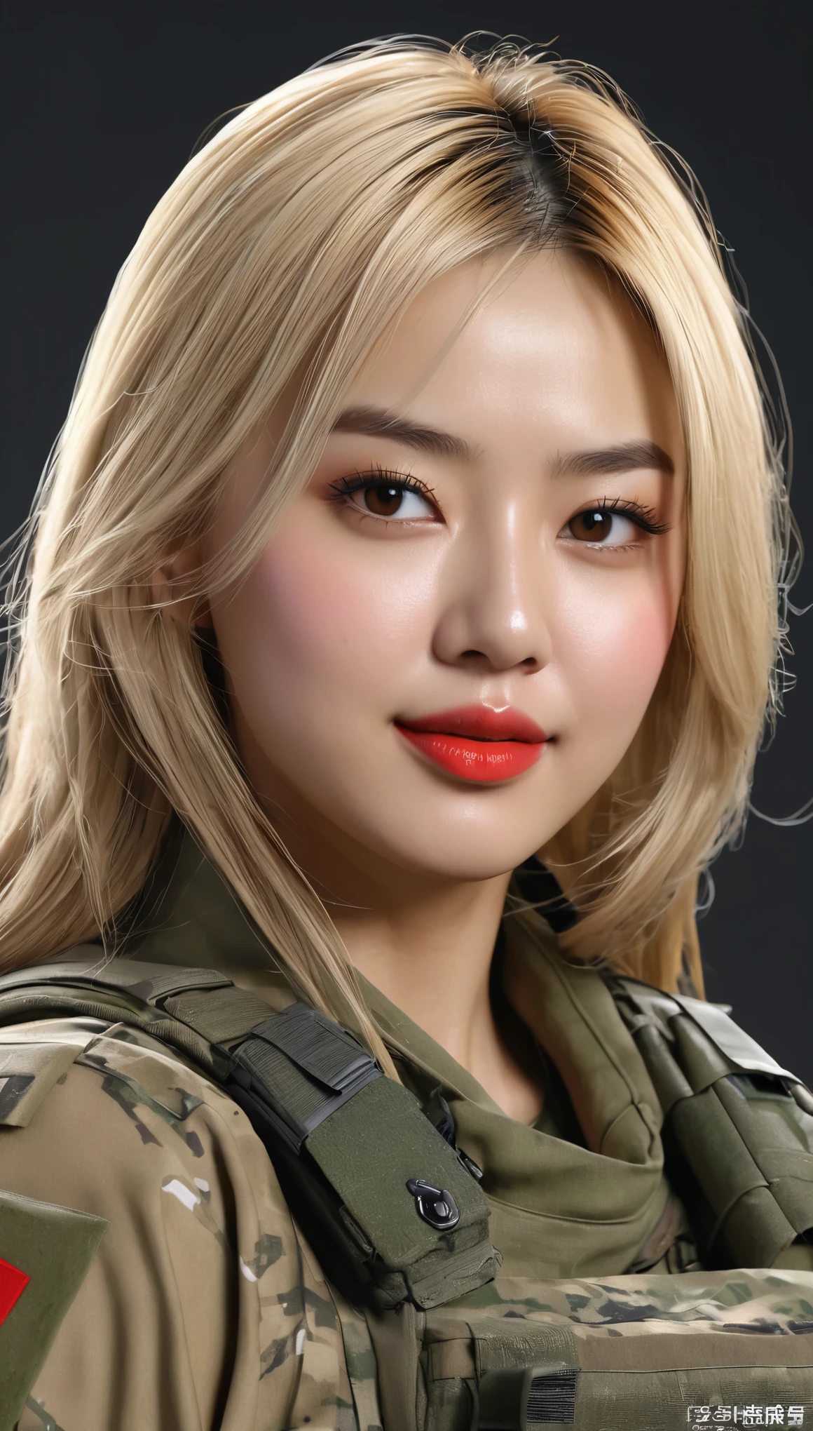 (((hyper real)))、超未来的なfemale soldier、陸軍female soldier、Beautiful woman　High level image quality　High resolution　realistic　blonde woman、mature woman、((big big tits))、Fine skin texture、超High resolution、realistic、plump body shape、smile、中年Beautiful woman、beautiful expression 、fine brown eyes、fluffy long hair、非常に繊細でFine skin texture、３５army soldier woman、(Very futuristic huge computer room)、female soldier、big cleavage、bright red lips、(Wearing a combat suit)、