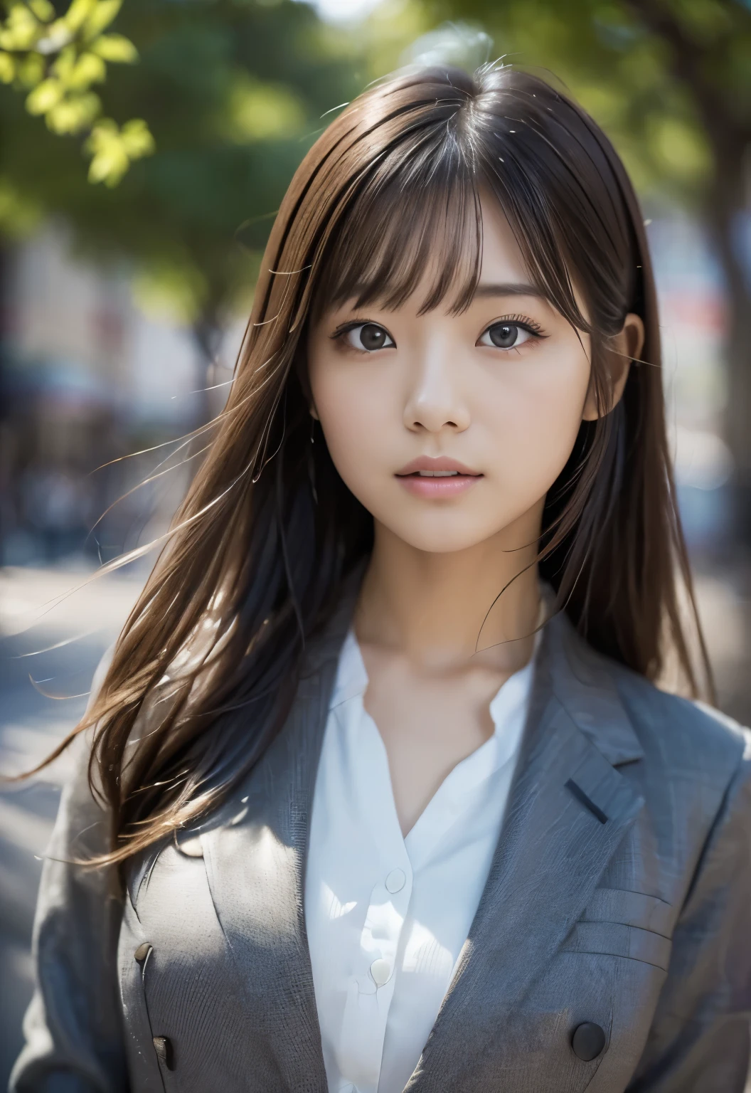 (((city:1.3, outdoor, Photographed from the front))), ((long hair:1.3, suit, japanese woman,cute)), (clean, natural makeup), (highest quality, masterpiece:1.3, 超High resolution), (Super detailed, caustics), (realistic:1.4, RAW shooting), very detailed, High resolution, 16K resolution