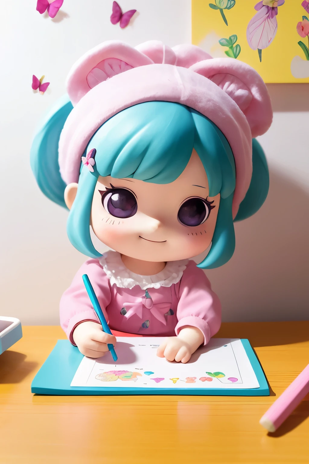 The following scenes will be expressed using chibi girl dolls.(Photoreal、A girl is drawing pictures of tulip flowers and butterflies on the wall with crayons.、The picture is a child's doodle, but it's very colorful.、smile)