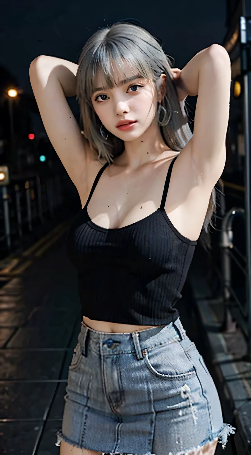 Best quality, masterpiece, super high resolution, multicolored hair (((blue and grey hair))), long hair, two moles under the eyes, gradient eyes, eyeballs, shyness, smile, evil, off-the-shoulder, character setting, chubby, plump body, big breast, showing armpit, arms up, showing tits , spread legs, UHD, award-winning, bust, colourful hair, wear tight black tanktop, wear skirt short, ((blunt bangs)), (((blue eyes))), really beautiful face, super beautiful face, standing under the heavy rain at midnight, dramatic light, soaking wet body.