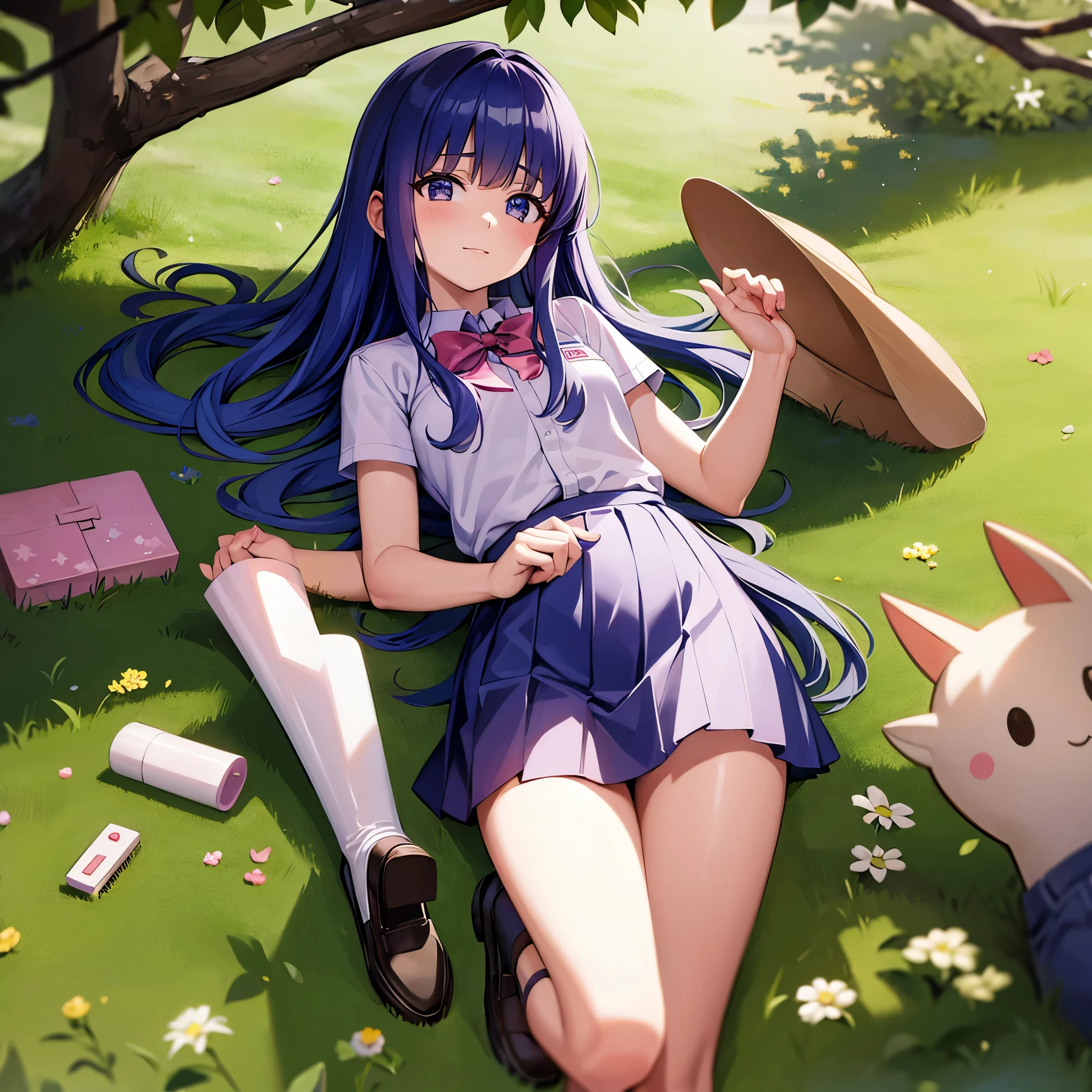 grass sakura lying furude rika under tree