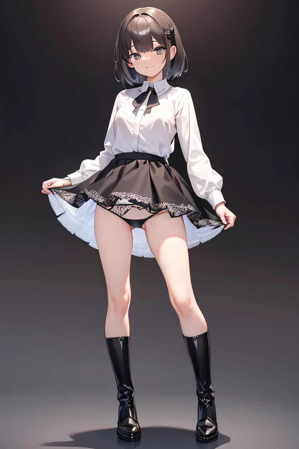 (1) There is one woman with beautiful legs, She lifts up her skirt to show her beautiful bare legs and panties,
(2) she is standing, I would like you to draw a picture of the whole body so that the legs can be seen..,
(3) The woman is wearing a long-sleeved gray turtle knit.、Ribbed knit dress that shows off your body line beautifully.、The skirt is a miniskirt with a small floral pattern on a black background..、I am wearing long black boots on my feet..,
(4) The visible pants are light blue with flashy patterns.,
(5) woman has short brown hair, shining eyes, A provocative grin,
(6) The place is a cafe restaurant..,
(7) highest quality, High resolution, realistic pictures, realistic skin,