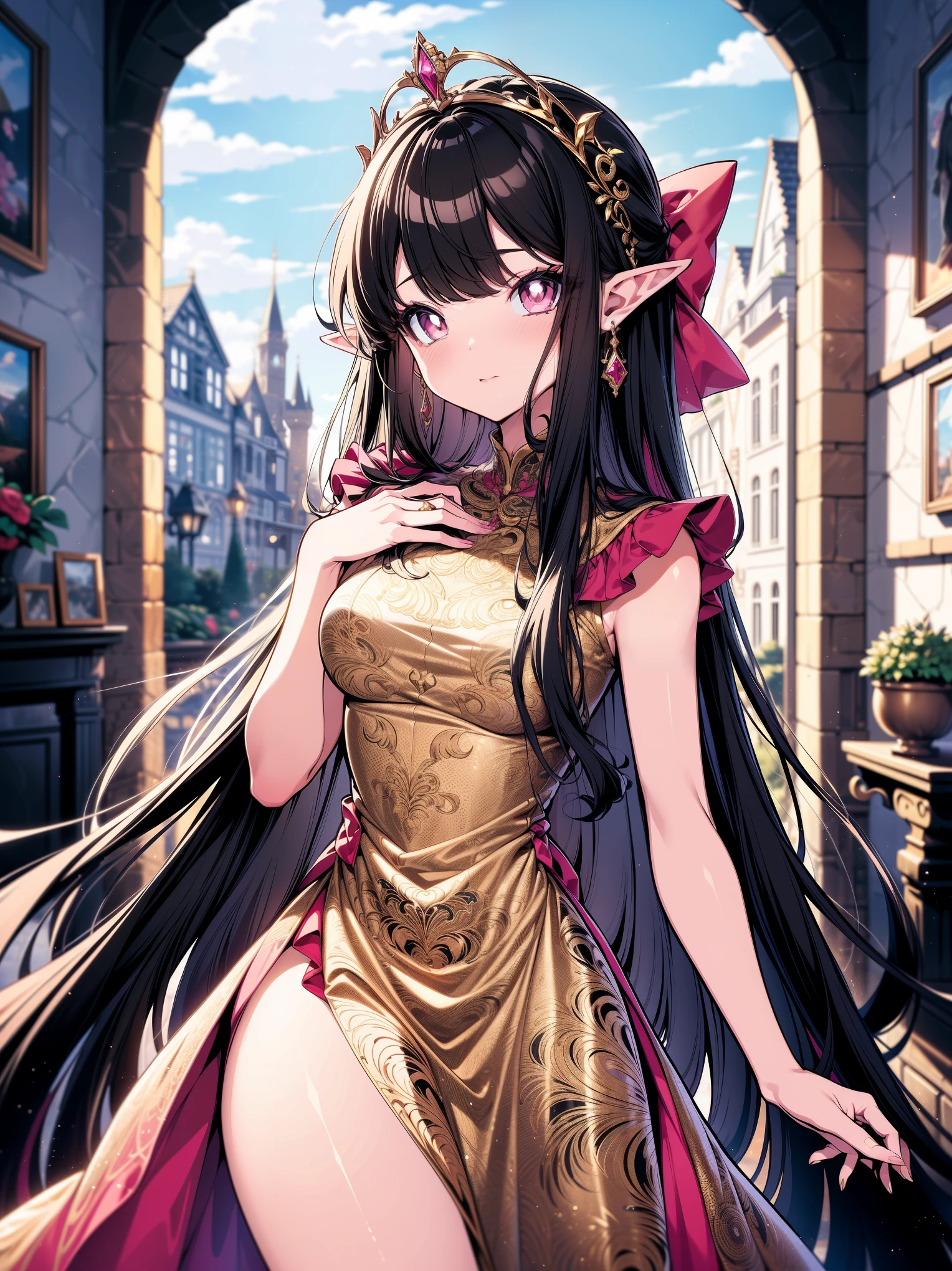 (masterpiece), (best quality, ultra-high resolution, depth of field:1.2), (perfect anatomy), Fair skin, Elf woman, pink eyes, black hair in a hime hairstyle, long hair, pink bow, gold earrings, medium breasts, (wearing an intricate gown), frills, tiara, castle hall scenery