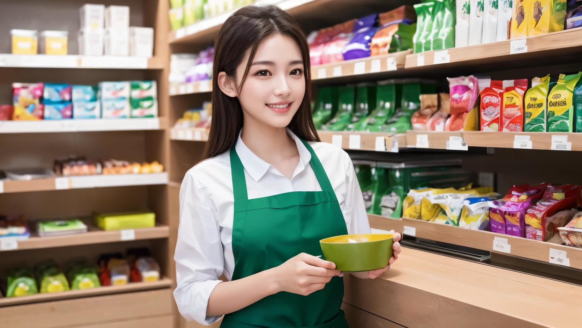 (highest quality、table top、8K、best image quality、Award-winning work)、a woman working at a convenience store、(The most natural and perfect green plain simple apron:1.3)、(simple green apron:1.2)、classy shirt、(big breasts:1.1)、(emphasize body line:1.1)、(standing elegantly:1.1)、beautiful woman portrait、The most natural and perfectly organized convenience store、Convenience store shelves in the background、Perfectly organized shelves、Regularly arranged natural product shelves、(very bright and vivid:1.2)、Strongly blurred background、look at me and smile、(accurate anatomy:1.1)、Super high resolution perfect beautiful teeth、Ultra high definition beauty face、ultra high definition hair、Super high-definition sparkling eyes、(輝く超高解像度のShining beautiful skin:1.3)、(Shining beautiful skin:1.2)、Super high resolution glossy lips