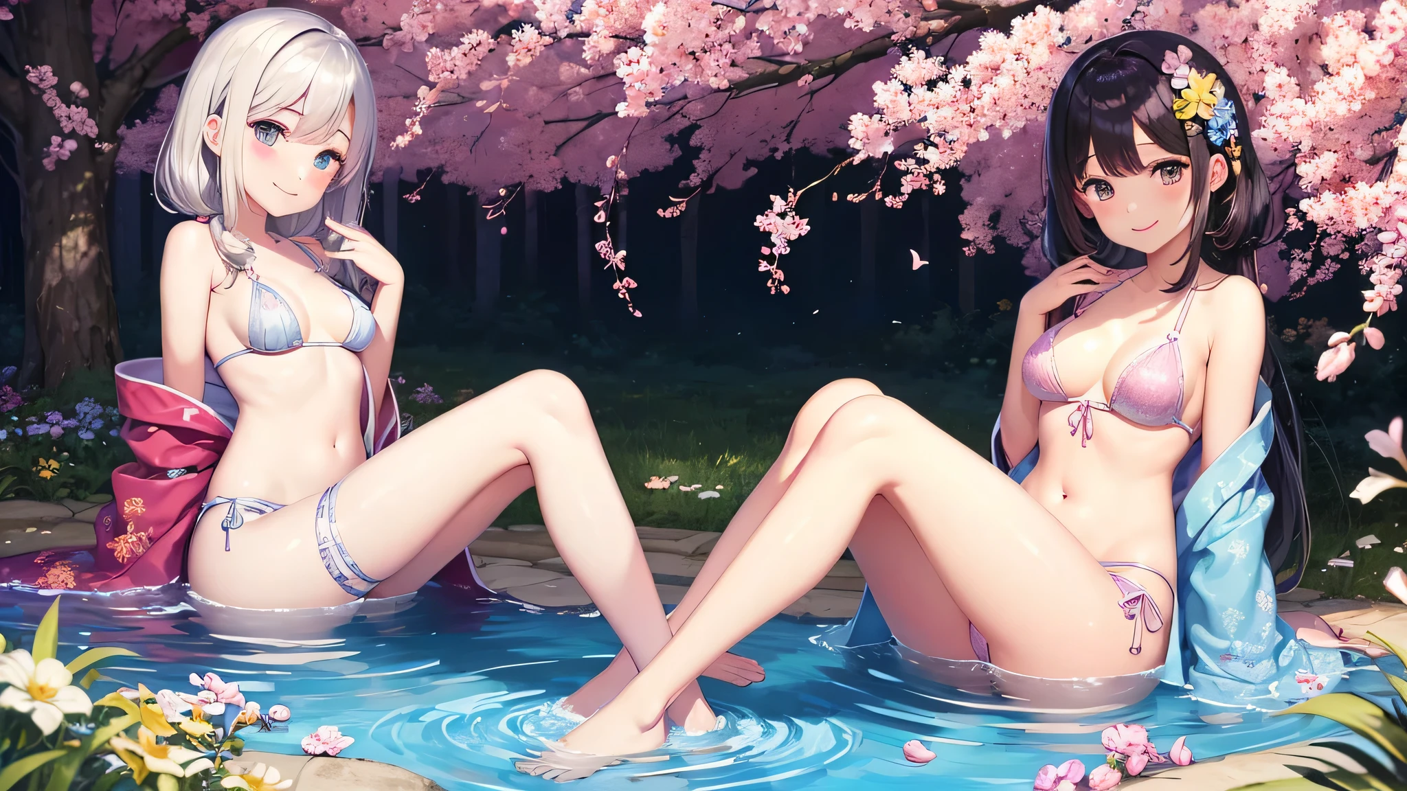 cute woman、cute face、cute smile、 、full body shot、80mm、well-shaped chest、slightly larger breasts、lazy smile、Bright kimono、garden、Squirting、cherry blossoms、Because I'm slender、Beautiful and slim legs、clear white skin、sit on top、