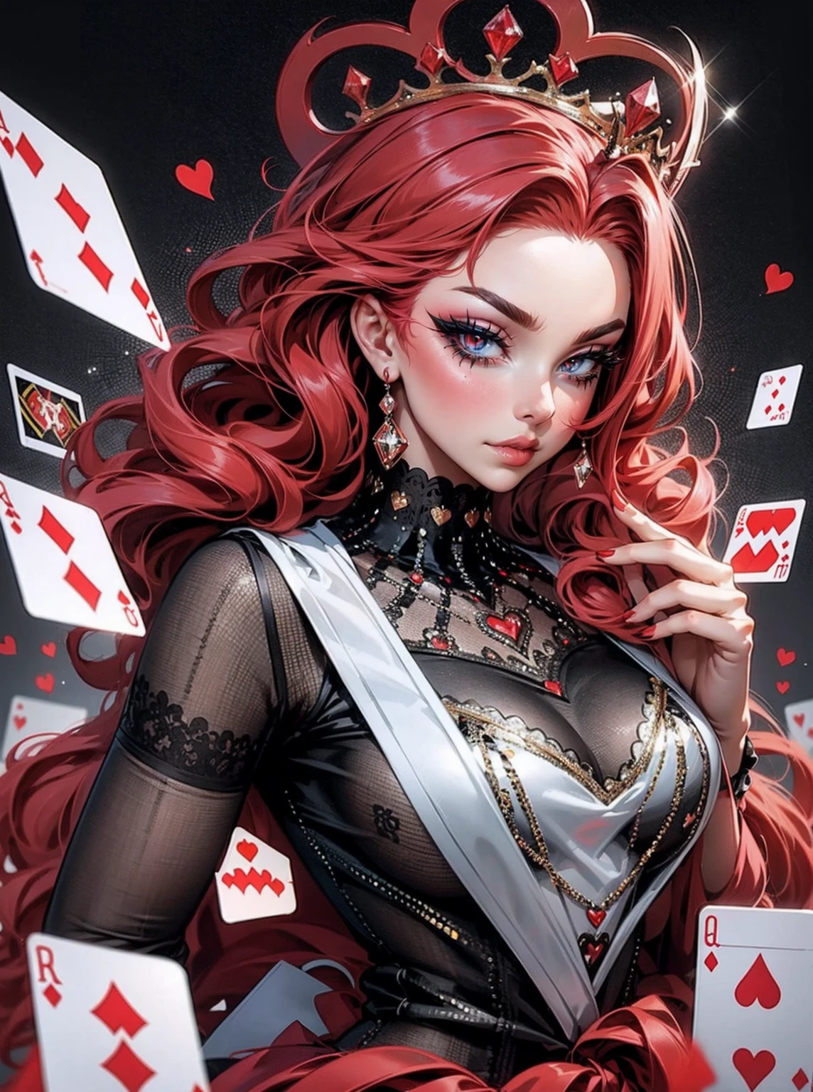 Em um luxuoso cassino, A stunning woman wears an exquisite dress adorned with heart symbols, embodying the royal presence of the Queen of Hearts. Surrounded by a backdrop of poker cards and chips, She exudes confidence and seduction, convidando os jogadores a testar sua sorte e habilidades no jogo de azar. com cabelos curtos, enrolados, cabelos vermelhos (queen of hearts), backwards, looking back,  portrait