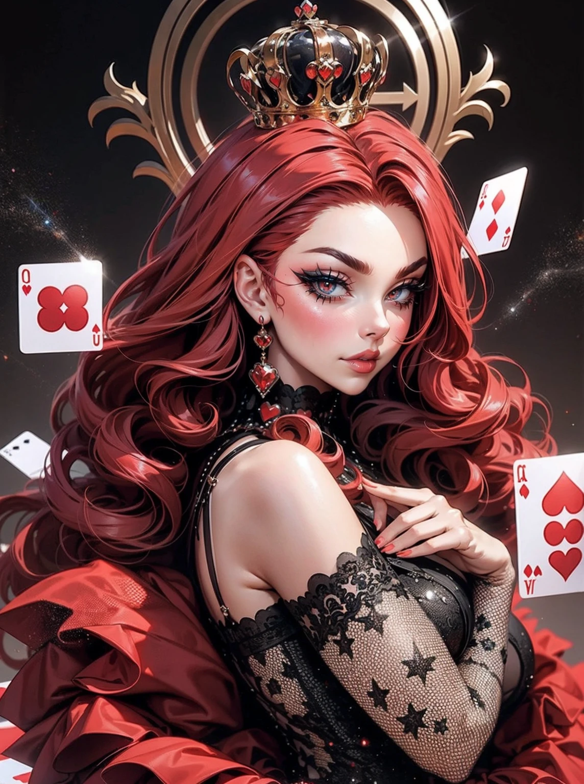 Em um luxuoso cassino, A stunning woman wears an exquisite dress adorned with heart symbols, embodying the royal presence of the Queen of Hearts. Surrounded by a backdrop of poker cards and chips, She exudes confidence and seduction, convidando os jogadores a testar sua sorte e habilidades no jogo de azar. com cabelos curtos, enrolados, cabelos vermelhos (queen of hearts), backwards, looking back,  portrait