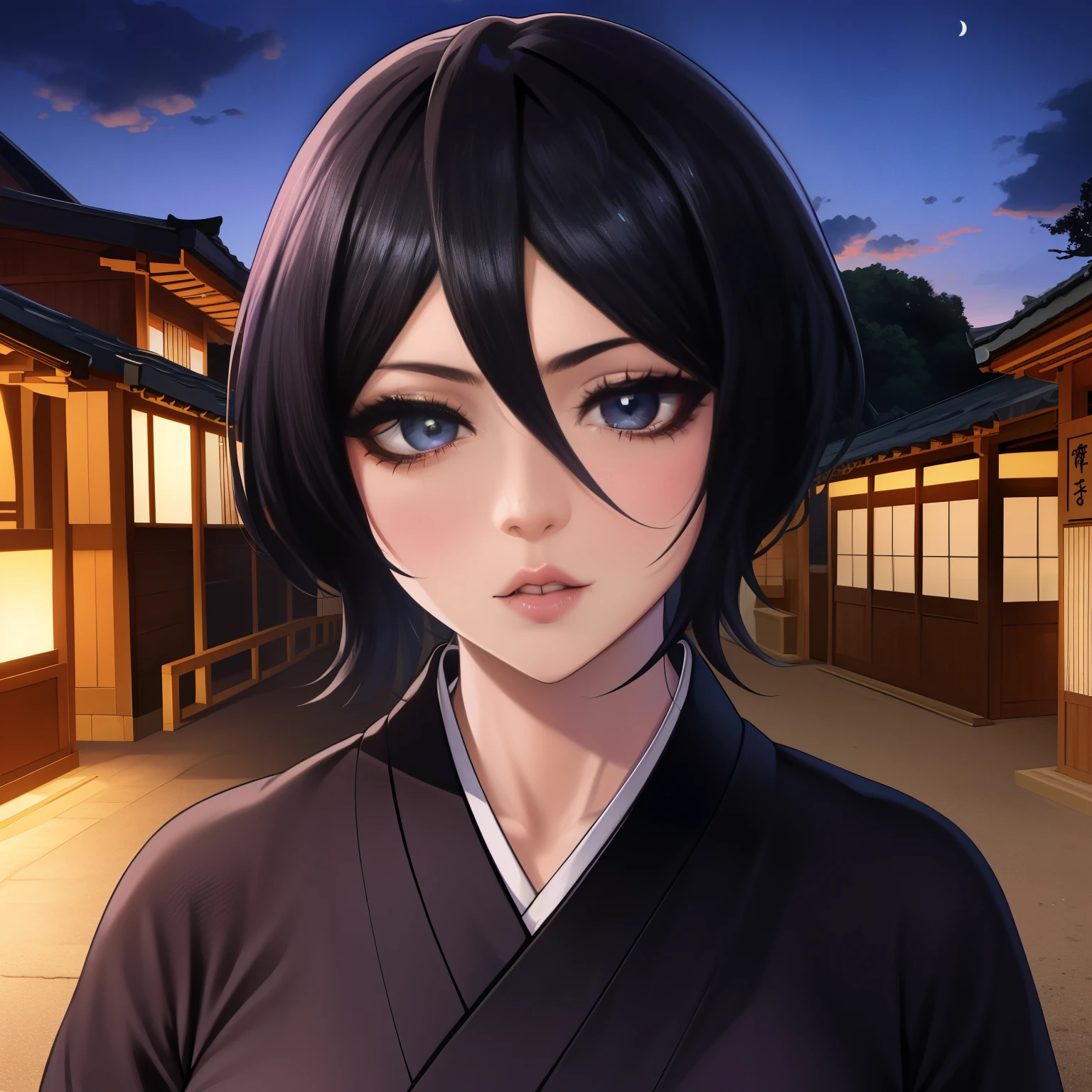 ""Rukia Kuchiki - Black Kimono" by Steve McCurry, 35mm, F/2.8, insanely detailed and intricate, High quality, high coherence, deep focused image, full-length photo, anatomically correct, short hair, (black eyelashes and hair:1.2), hair between eyes, parted lips, perfect nose, perfect eyes, looking at viewer, in a ancient Japanese city, at night, hypermaximalist, beautiful, appealing, attractive, super detailed, popular on Flickr, published on March 19, 2018” 