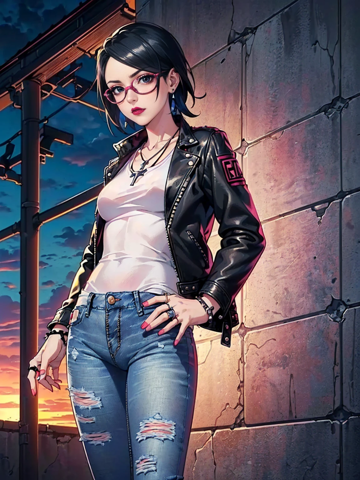 (1girl, solo, alone), (WakatsukiRisa, Sarada Uchiha, short hair, black hair black eyes, red glasses), ((solo, (1woman, pink lipstick, (small breasts)), Extremely detailed, ambient soft lighting, 4k, perfect eyes, a perfect face, perfect lighting, a 1girl)), austere, (anime style image, (masterpiece), best quality, expressive eyes, perfect face), ((angel, (((leather jacket, white t-shirt, jeans, punk style), punk girl)), punk woman, bracelets, rings, earrings, necklace, backgound desert, arizona, grand kenio, clouds, leather boots, aura red, trepidatious aura))