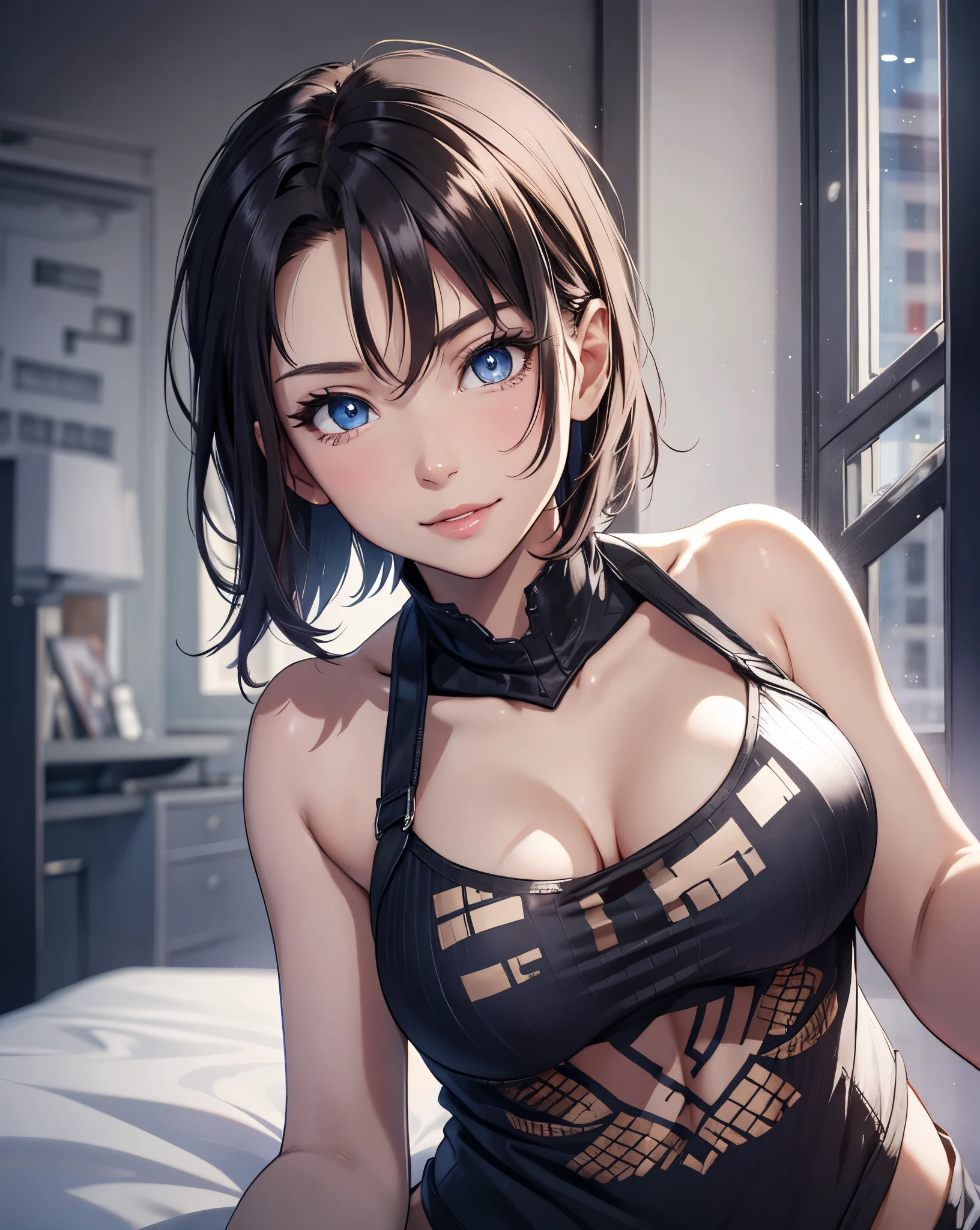 Best Quality, Ultra High Resolution, (Photorealistic: 1.4), Beautiful Eyes, Super Beautiful, Very Short Hair, Beautiful, Sweetheart, T-shirt with Rough Chest, Beautiful Soldier, Eyes That Invite Viewer, Lover's Perspective, Inviting Expression, Sexy Smile, Perfect Style, Perfect Balance, Detailed Skin, Naughty Gaze, Chest Visible