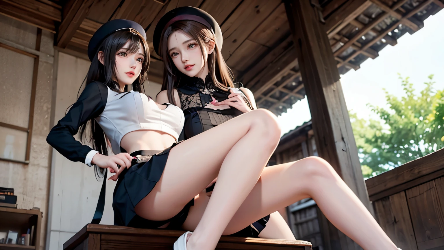 （very delicate and beautiful：1.2）super model,perfect shape,Two girls kicking at a man,2girl,,Thighhighs,beautiful feet,beret,gentle expression,Seen by girls from below,Innocent face,mini skirt,big breasts,Girls roundhouse kicking a man from the left and right of the screen,voluptuous,bike shorts,atelier,givenchy