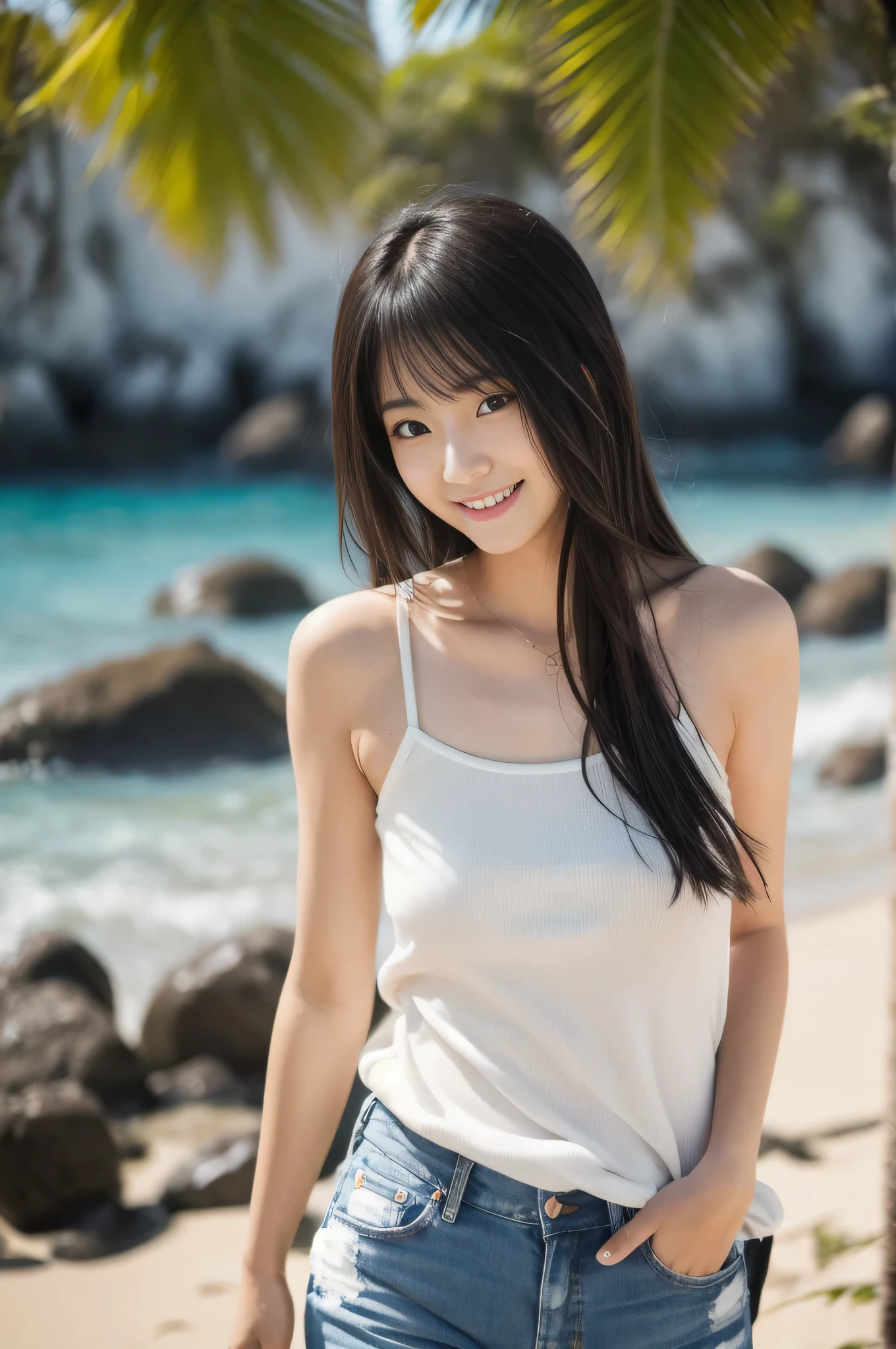 highest quality,masterpiece,32k,realistic,incredibly absurd,Depth of the bounds written、blur background、natural light face focus,thin,Photos of beautiful Japanese women,25 year old girl,standing posture,sandy beach,long hair,black hair,Tank top,jeans,bright look