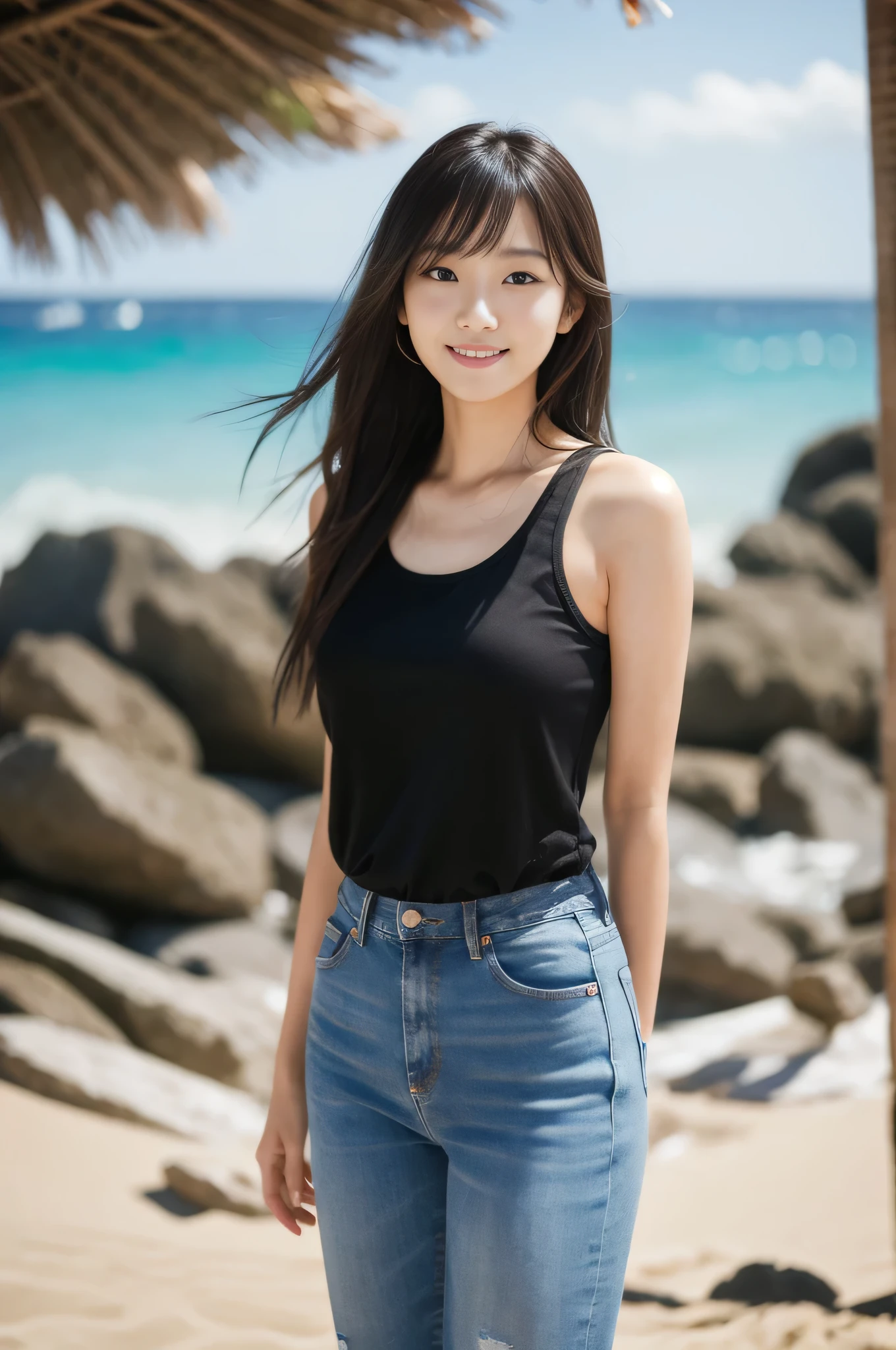 highest quality,masterpiece,32k,realistic,incredibly absurd,Depth of the bounds written、blur background、natural light face focus,thin,Photos of beautiful Japanese women,25 year old girl,standing posture,sandy beach,long hair,black hair,Tank top,jeans,bright look