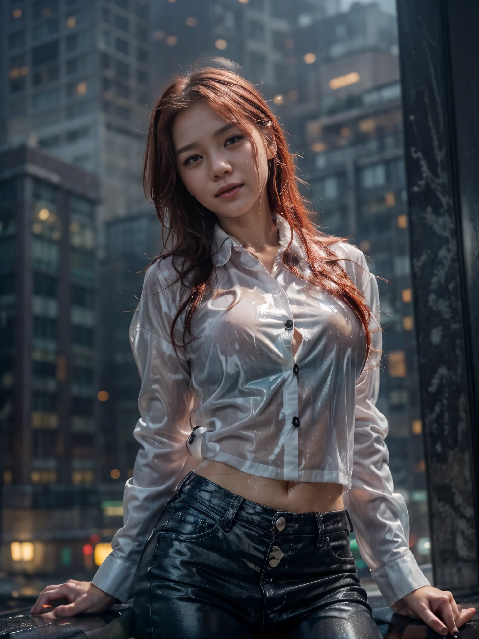 (1girls:1.5), Korean, (wearing wet button shirt:1.4), (posing in the heavy rain on the rooftop of high building, soaking wet:1.5, foggy and scary, beautiful detailed eyes, beautiful skinice soft face, flowing wet red hair, seductive smiles, happiness looks, sexy postures, skinny body, wet body, a bit muscular abs, large breast, droopyboobs, rainny day, skyline view background, close up, low angle view, (seen from below), grey ambient, foggy and rain atmosphere, vibrant colors, natural beauty, youthful energy, photon mapping,