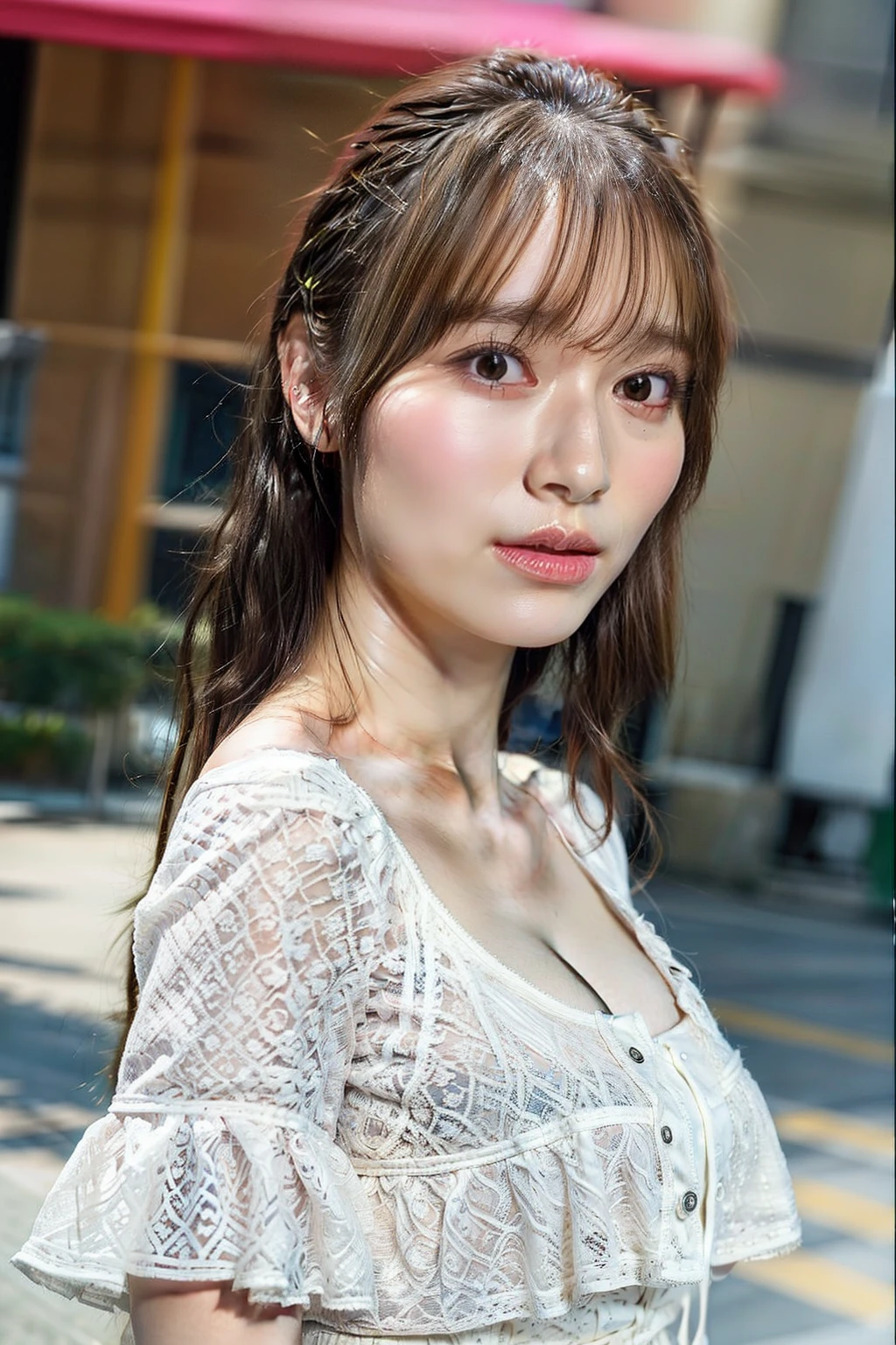 1girl, a 20s japanese female, (best quality, masterpiece, photo-realistic:1.4), RAW photo, extremely detailed CG unity 8k wallpaper, (add_detail:1.0), highres, soft light, professional lighting, beautiful detailed girl, detailed face, detailed eyes, fine-textured skin,  midium brown hair, off-shoulder dress, cleavage
 