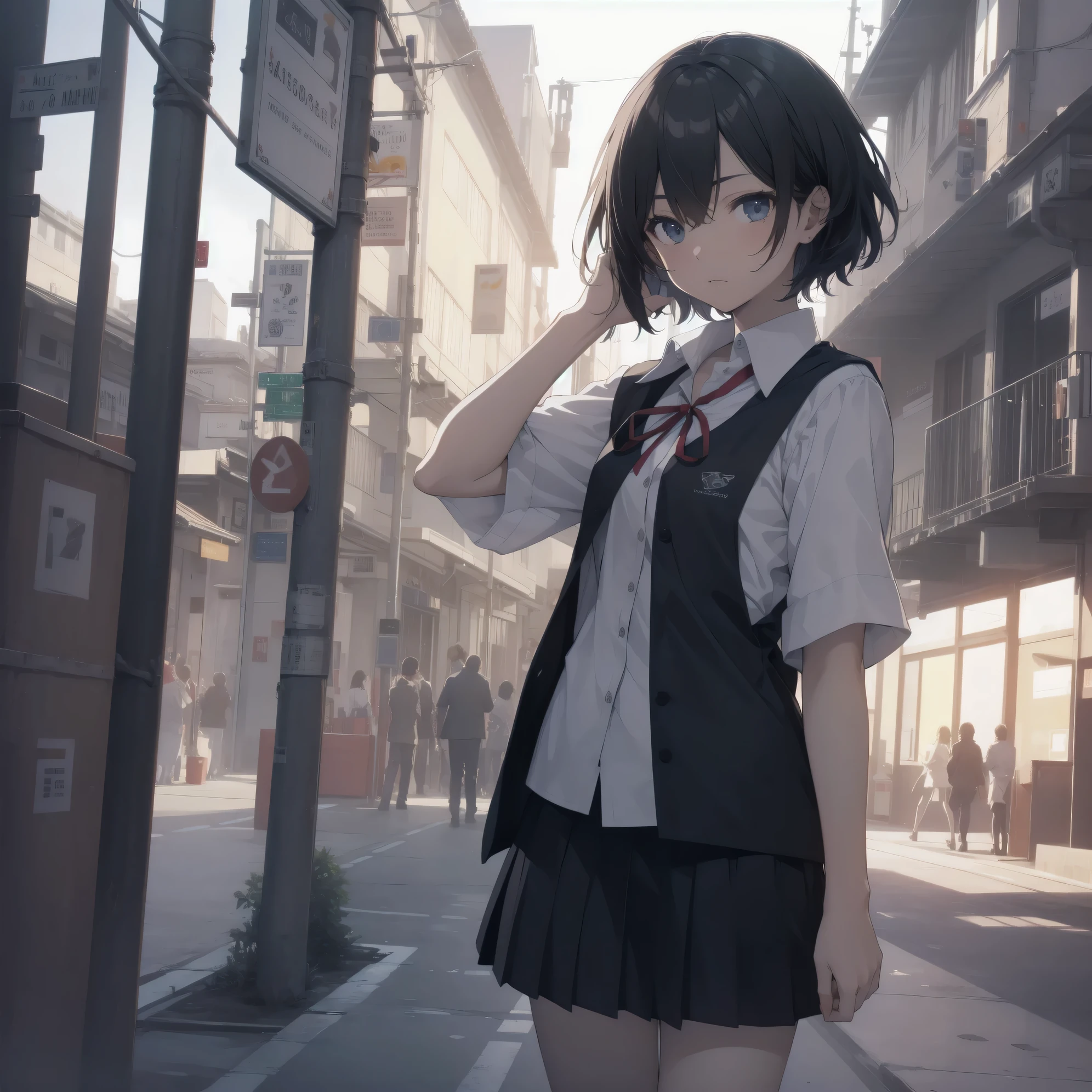 abusurdres best god quality, Super detailed, High resolution, anime moe art style, best anime 8K konachan wallpaper, Pixiv contest winners, perfect anatomy,break, (眠そうにalone学校へ行く女の子を描いてください. )break,1 girl, (alone,little woman, cute face, 13 years old:1.3),All limbs, full finger,, The charm of an immature body, (very_short hair), shortcut, Bang, flat chest, small ass, between legs, small black eyes, detailed and beautiful eyes, Well-proportioned iris and pupils, expressive eyes, High resolutionの詳細な髪, neck ribbon, shirt, collared shirt, skirt, pleated skirt, , (detailed lighting), (detailed background), On the way to school. break,super dense skin, Best cinematic lighting powered by famous artist, 8K,Beauty Illustration,photoshop_(Moderate),Absurd Hi-Res,UHD,rough skin,break,((artist:Fujiyama)), artist:Fujichoko,artist:Yamamoto_Soichiro,artist:hanekoto