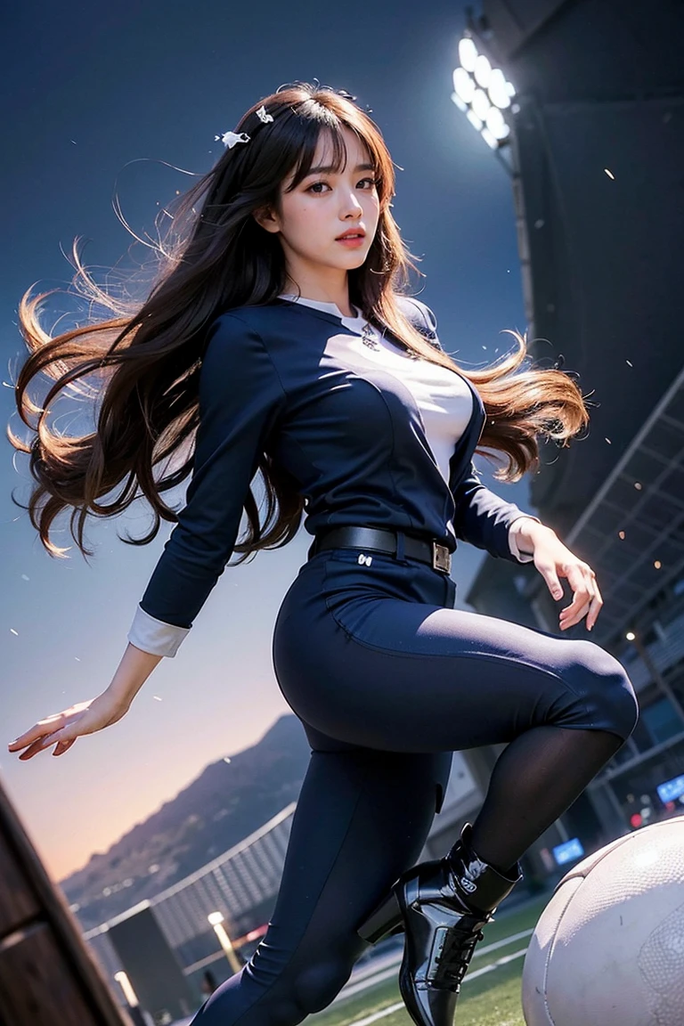 (8KLive shooting、highest quality、masterpiece:1.2)、Super detailed、super resolution、High-definition RAW color photo、professional photography、8Kimage wallpaper、perfect anatomy、28 years old、look at the camera、smile、medium long hair、thick thighs、positive、action pose、((Football Tackle:1.3))、business suit、high heels