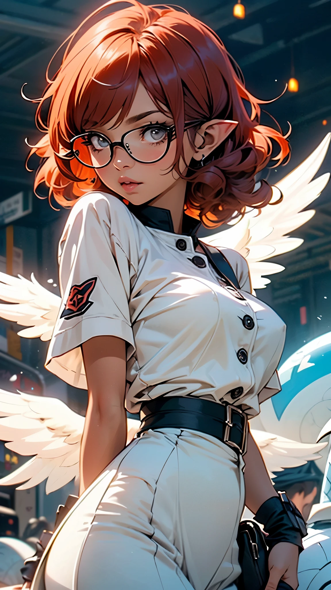 (Angel, red hair, ahoge,cute,1girl, ong hair, curly hair, under-rim glasses, elf ears,Big breasts, anime screencap, yuyushiki style), (special move, zapping, magical glowing wings, particle lighting, below wind),