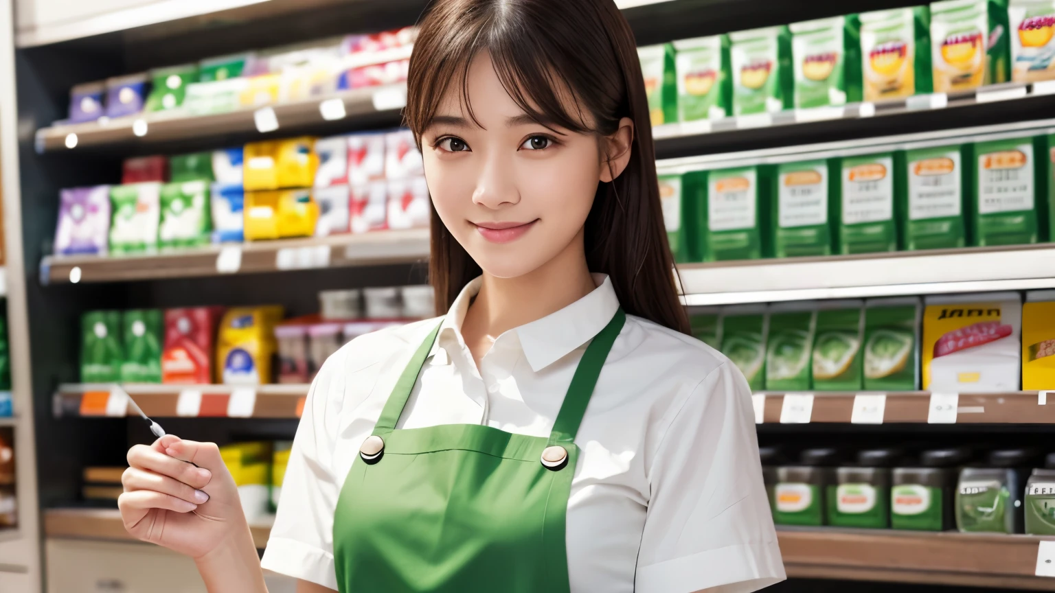 (highest quality、table top、8K、best image quality、Award-winning work)、a woman working at a convenience store、(The most natural and perfect green plain simple apron:1.3)、(simple green apron:1.2)、classy shirt、(big breasts:1.1)、(emphasize body line:1.1)、(standing elegantly:1.1)、beautiful woman portrait、The most natural and perfectly organized convenience store、Convenience store shelves in the background、Perfectly organized shelves、Regularly arranged natural product shelves、(very bright and vivid:1.2)、Strongly blurred background、look at me and smile、(accurate anatomy:1.1)、Super high resolution perfect beautiful teeth、Ultra high definition beauty face、ultra high definition hair、Super high-definition sparkling eyes、(輝く超高解像度のShining beautiful skin:1.3)、(Shining beautiful skin:1.2)、Super high resolution glossy lips