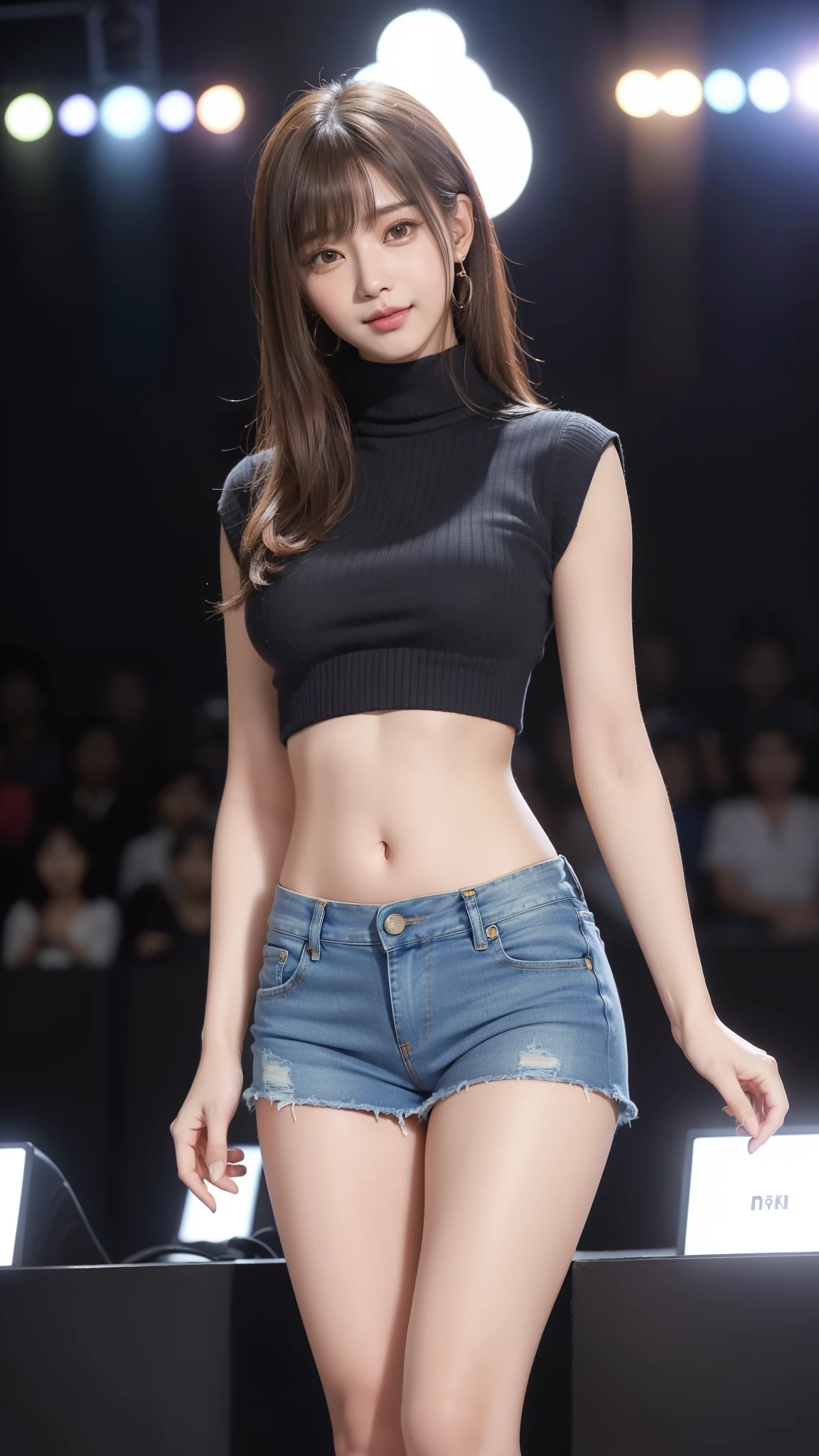 8k, table top, Raw photo, highest quality, realistic, Wallpapers with extreme details CG Unity 8k, Depth of the bounds written, cinematic light, Lens flare, ray tracing, (very beautiful face, beautiful lips, beautiful eyes), face with intricate details, ((ultra detail skin)) 1 girl, (Korean model Kim Da-eun, Dhoni), (Korean model Kim Da-eun, Dhoni), (Korean model Kim Da-eun, Dhoni), (Korean model Kim Da-eun, Dhoni), (Korean model Kim Da-eun, Dhoni),1 girl, ((look up at the audience)),(A big smile:1.3), (blurred background), faint light), (no people in the background.:1.3), beautiful earrings, clear eyes, front shot, (pale skin), (Big eyes), (Big eyes) (Big eyes), (Big eyes), (Big eyes), facing forward, (full body shot), (light brown hair), おopen the navel............, (look up at the audience:1.3), small hips, small hips,small hips, thin waist, small hips, ((wide open abdomen))、((open abdomen))、((wide open the navel))、((open the navel))、((naked belly))、((midriff sweater))、((Super low-rise、denim mini skirt))、 ((Navel exposed))、((small hips))、((full body description))、((small hips))、(boots)、((Super low-rise))、 ((denim tanding))、