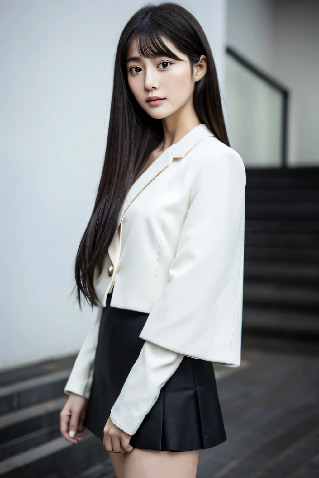 masterpiece, highest quality, Photoreal, Super detailed, finely, High resolution, 8k wallpaper, Professional, Advanced level of detail, 1 girl, thin japanese woman, ((facing the front)), detailed clavicle, perfect face, straight hair, Black mini flared skirt、black boots、white down jacket、full body shot、Model poses that emphasize the length of the legs