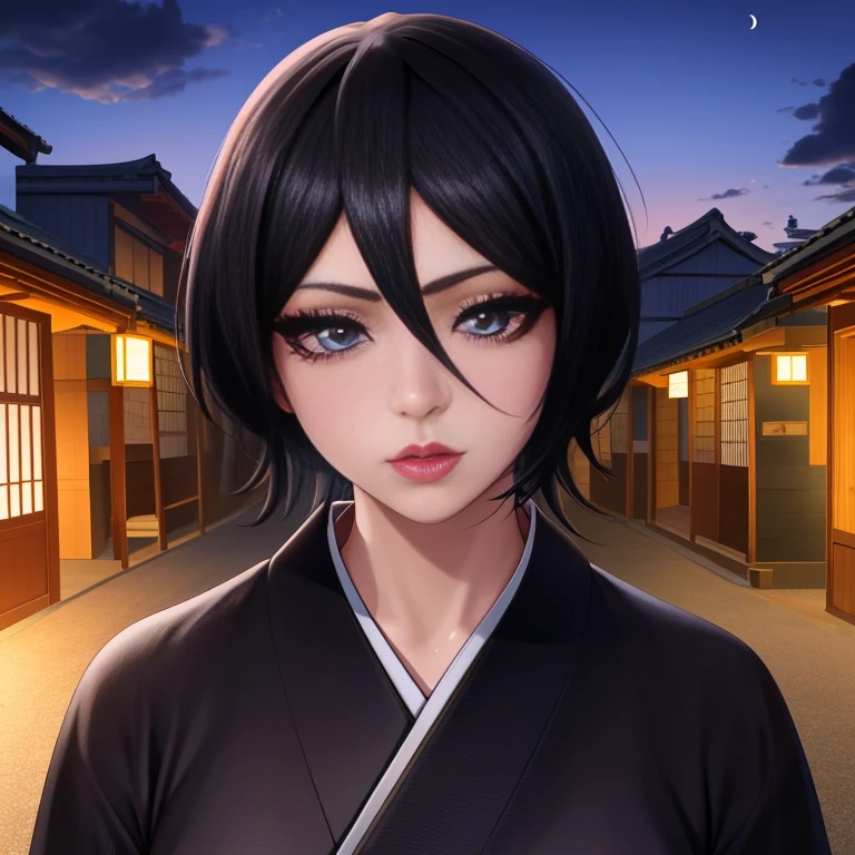 ""Rukia Kuchiki - Black Kimono" by Steve McCurry, 35mm, F/2.8, insanely detailed and intricate, High quality, high coherence, deep focused image, full-length photo, anatomically correct, short hair, (black eyelashes and hair:1.2), hair between eyes, lips, perfect nose, perfect eyes, looking at viewer, in a ancient Japanese city, at night, hypermaximalist, beautiful, appealing, attractive, super detailed, popular on Flickr, published on March 19, 2018” 