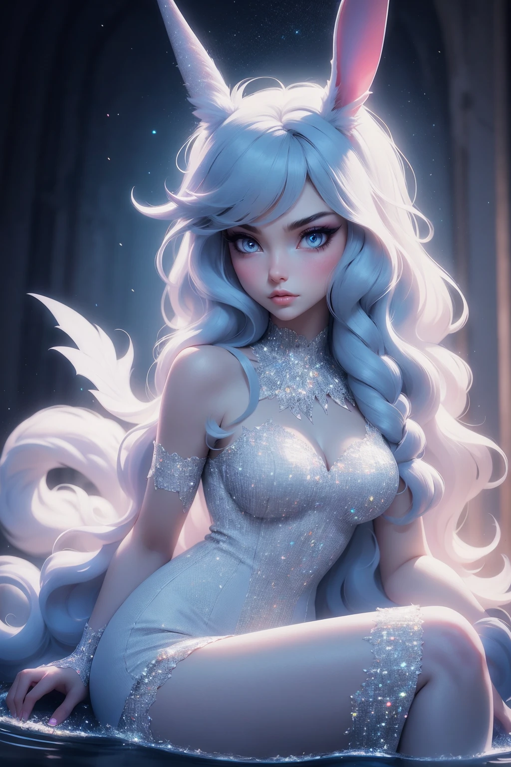 {-erro_de_anatomia:1.0} There is a white unicorn girl, blue mane and long mane, white unicorn, unicorn, unicorn horns, A unicorn, celestia, Nine stories, blue unicorn, soft dreamy, cinematic light《fangs》Unicorn in, mythological creatures, a mythical creature, Pokémon illustration, unicorns, a glaceon princess, white dress, opal eyes. Auroracore, ghostly iridescent, image good for rendering, sitting on the water, unicorn girl, full body.