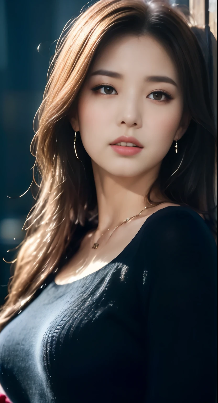 (incredibly absurd, Super detailed, cg, unity, 8k wallpaper), (realistic), (Raw photo:1.2), (detailed face :1.4), (detailed and beautiful eyes :1.2), (fine hair), light shines on your face, huge file size, 1 girl, sexy, NSFW, eyeliner, cute, student, long hair, brown hair, ((wavy hair)), hair ornaments, ((light blush)), ((mole under eye)), ((expressionless eyes)), blue eyes, ((big breasts)), fashion g, red lips, compensate, shirt lift, ((black sweater dress)), black knee highs, high heels, jewelry, earrings, necklace, looking at the viewer, (photorealistic:1.2), cinematic lighting, Depth of the bounds written, (masterpiece), (highest quality:1.2)