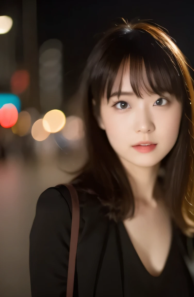 1 girl, tokyo street,night, cityscape,city lights, Upper body,close, 8K, Raw photo, highest quality, masterpiece,realistic, photo-realistic,